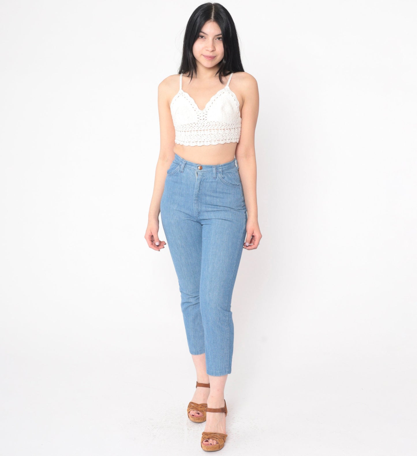 70s High Waist Skinny Jeans Blue Denim Cropped Ankle Tight Fit XXS