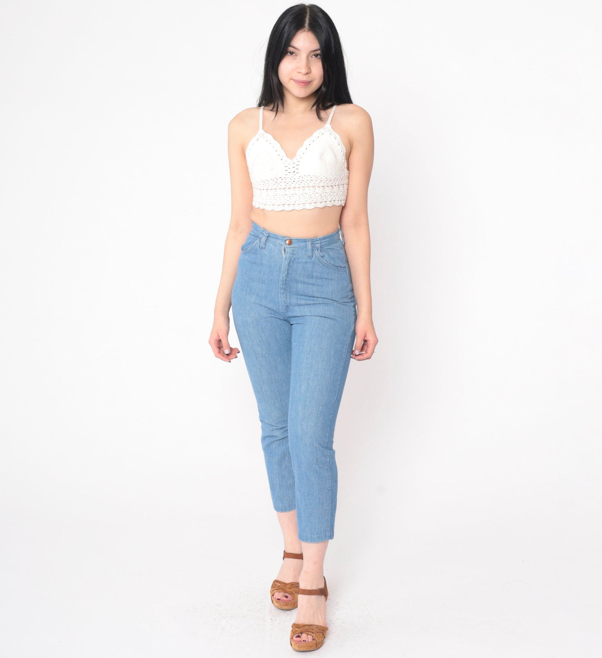 70s High Waist Skinny Jeans Blue Denim Cropped Ankle Tight Fit XXS