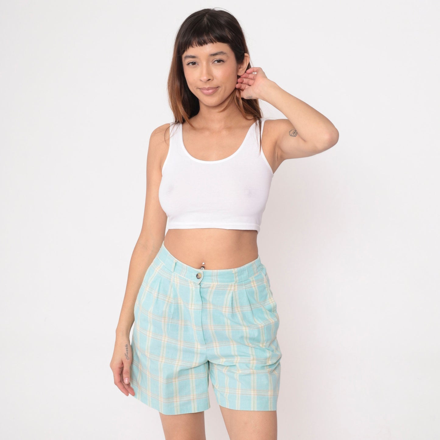90s Plaid High-Waisted Shorts Aqua Blue Yellow Pleated Cotton Medium