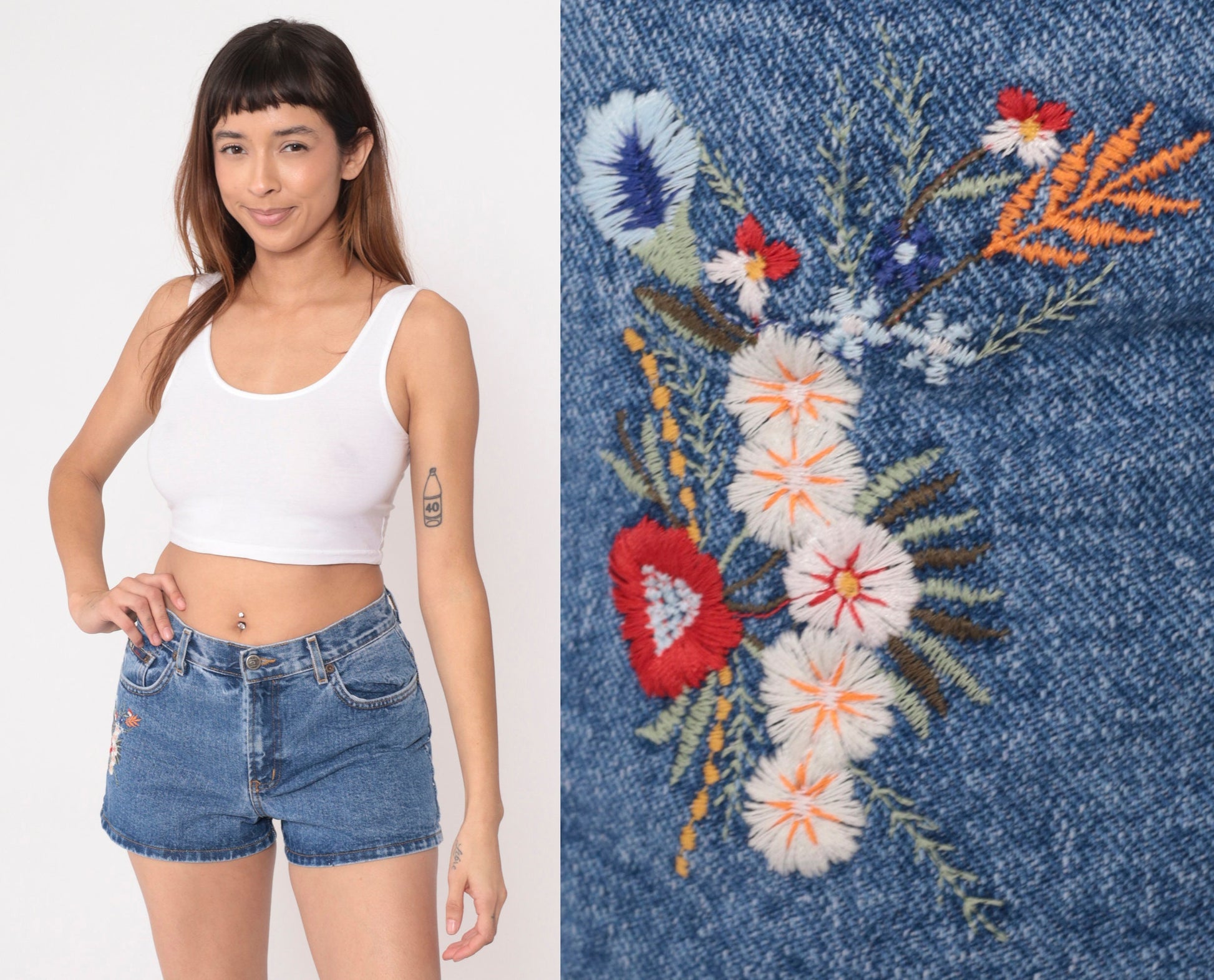 00s LEI Floral Embroidered Denim Shorts Blue Mid Rise Small S