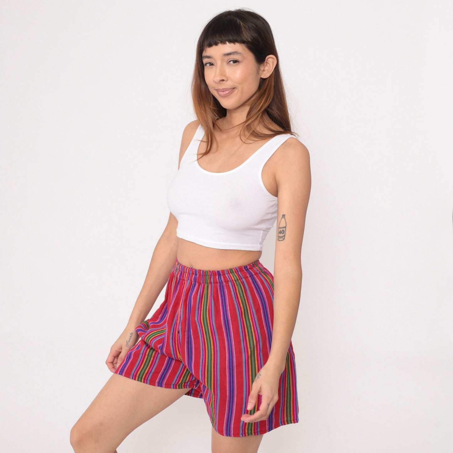 00s Striped Serape Shorts Red Rainbow Elastic Waist Small