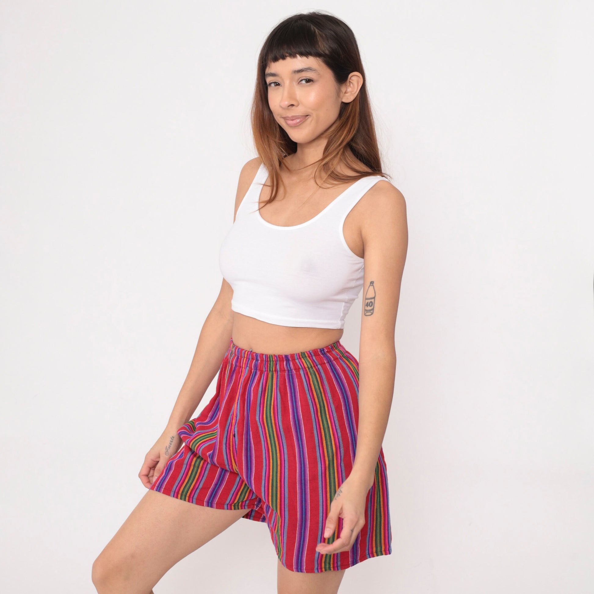 00s Striped Serape Shorts Red Rainbow Elastic Waist Small