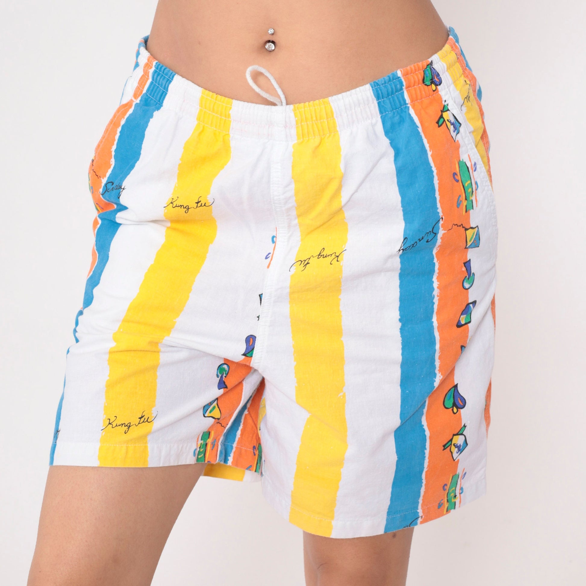 90s Striped Shorts Kung Fu Musical Notes Palm Trees Blue Orange Medium