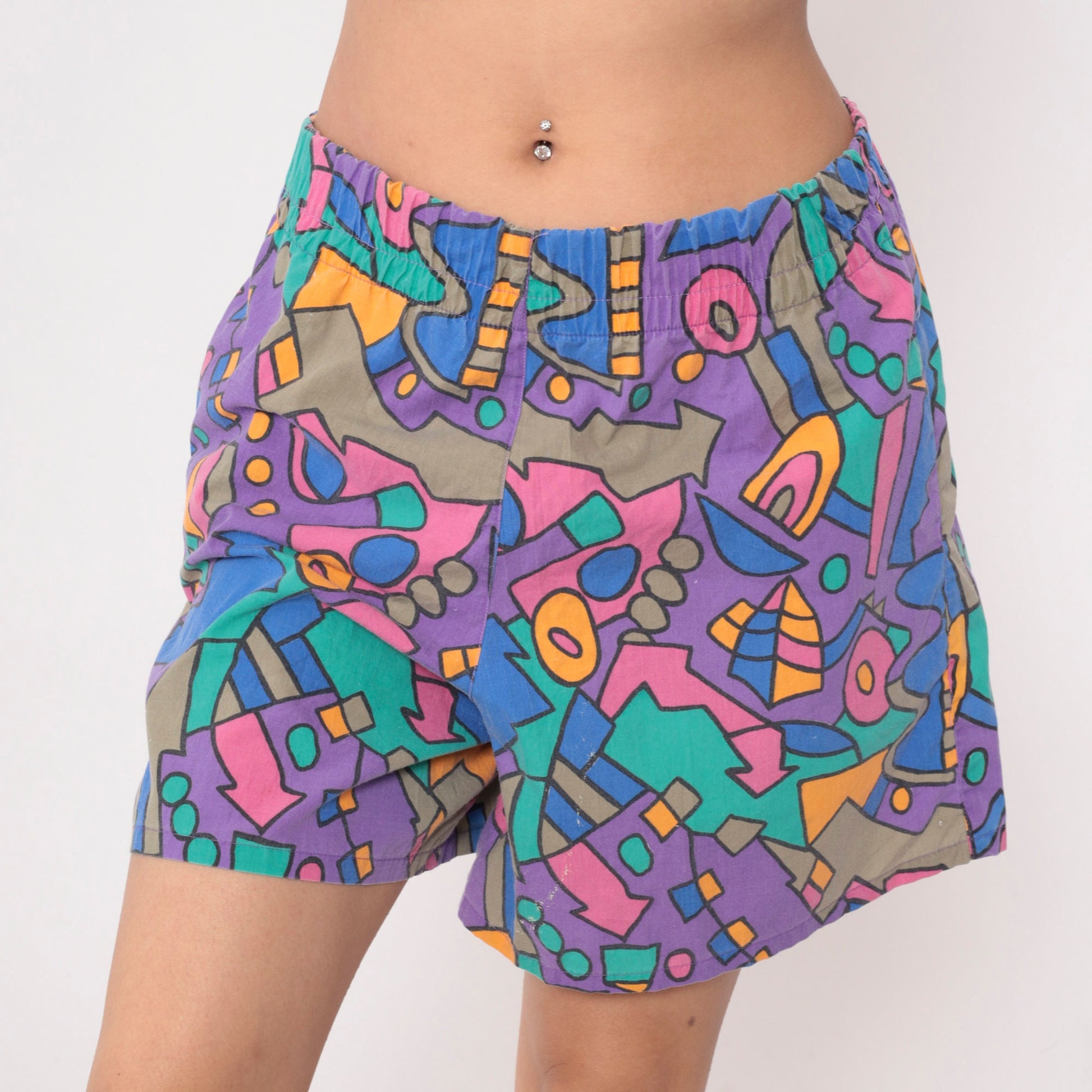 90s Babilonia Geometric Shorts Purple Blue Abstract Baggy High Waist Small