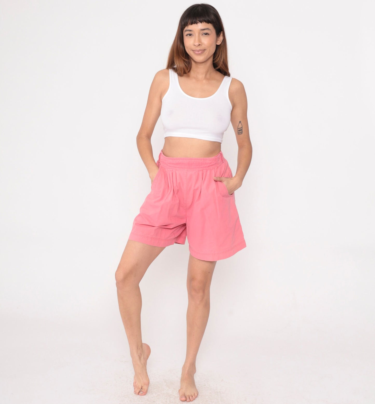 90s Pink Cotton Pleated Shorts High Waist Adjustable Medium