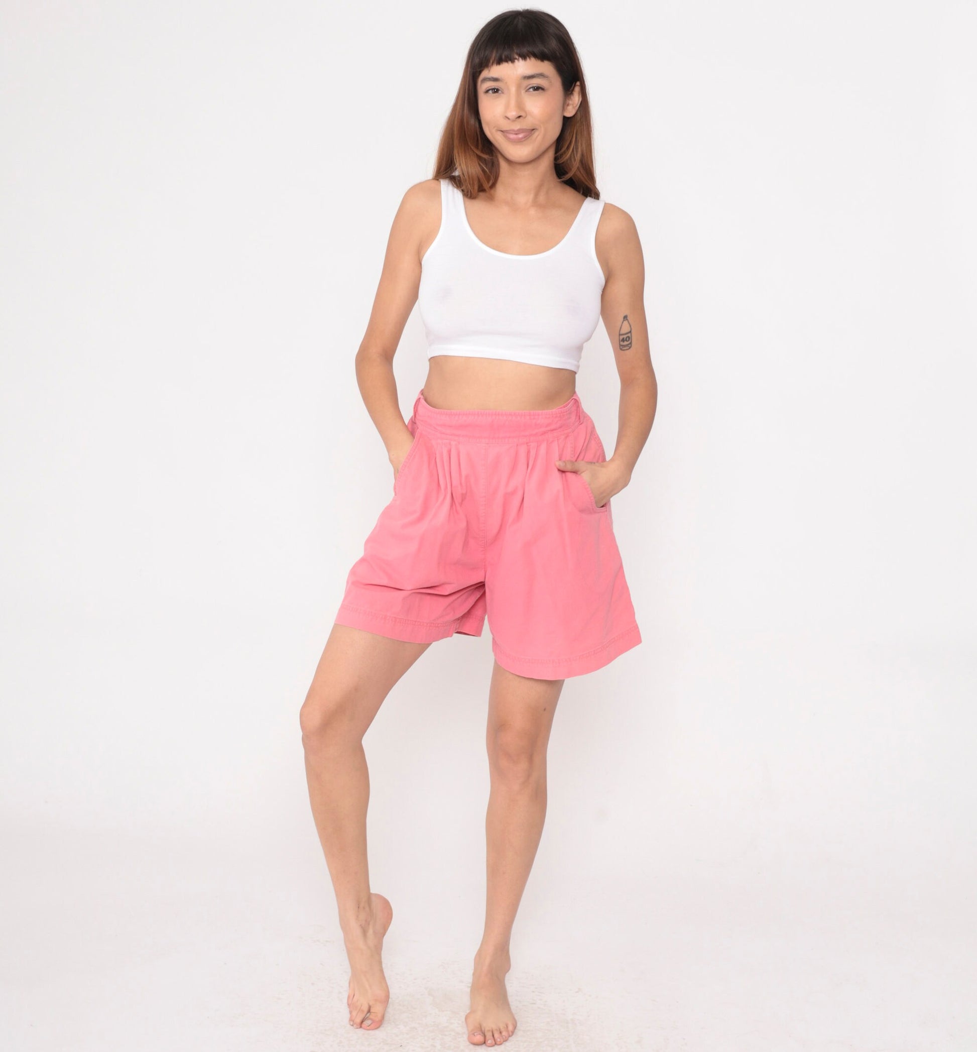 90s Pink Cotton Pleated Shorts High Waist Adjustable Medium