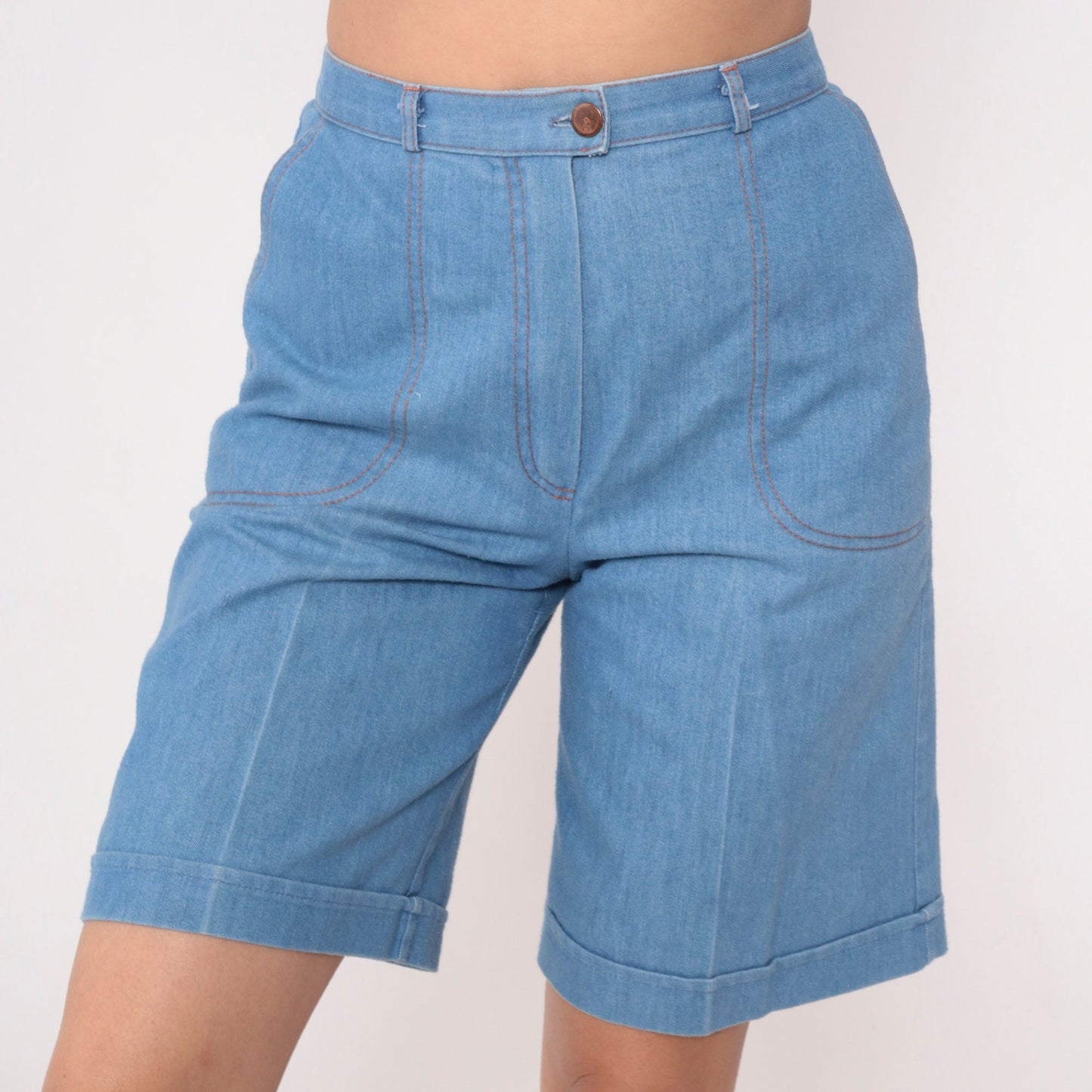 80s Tanjay Blue Denim Bermuda Shorts High Waist Cuffed Small