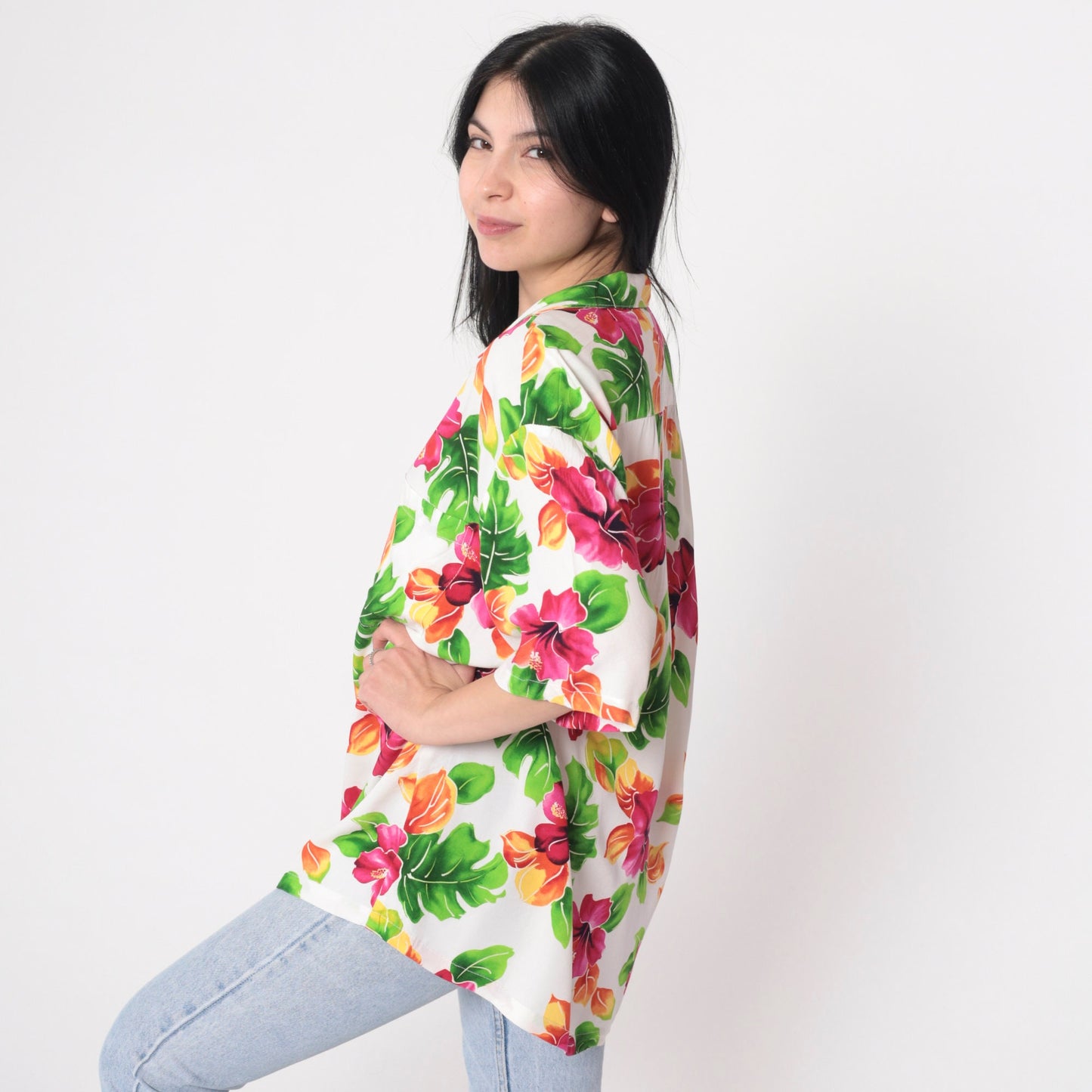90s Two Palms Hawaiian Shirt White Tropical Floral Button Up Large
