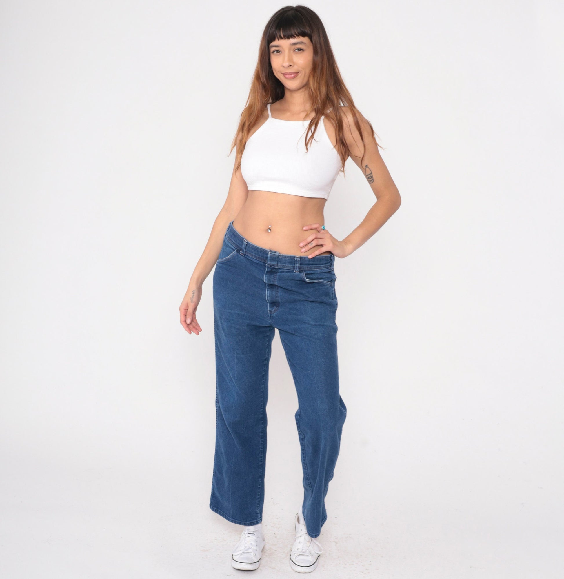 80s High Waisted Straight Leg Jeans Dark Blue Denim Men's 36 x 30