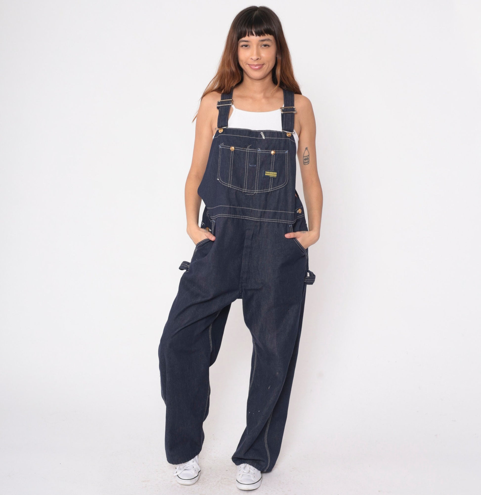 70s Toughskins Dark Blue Denim Bib Overalls Straight Leg Men's 40x30