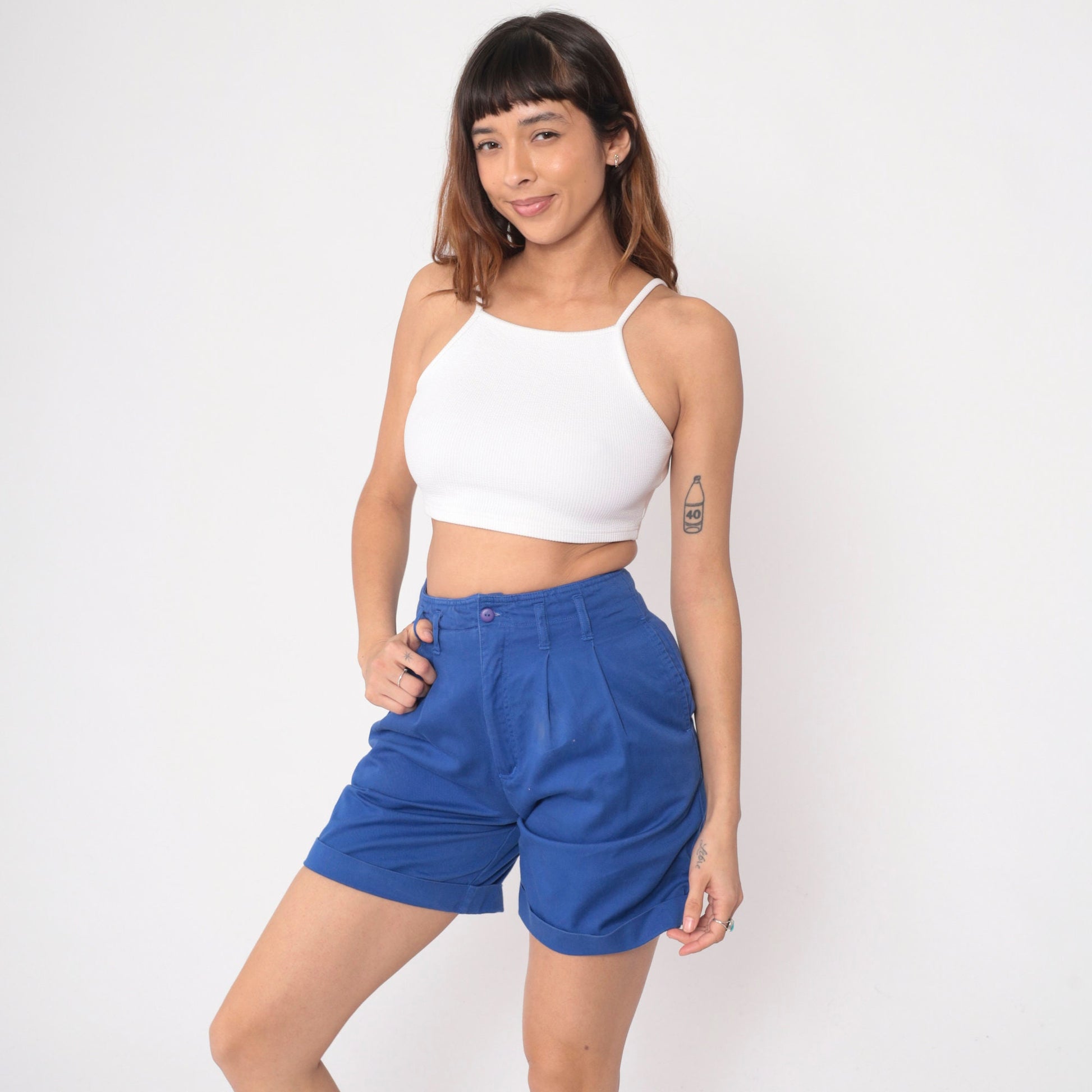 90s High Waisted Pleated Shorts Royal Blue Cotton Small