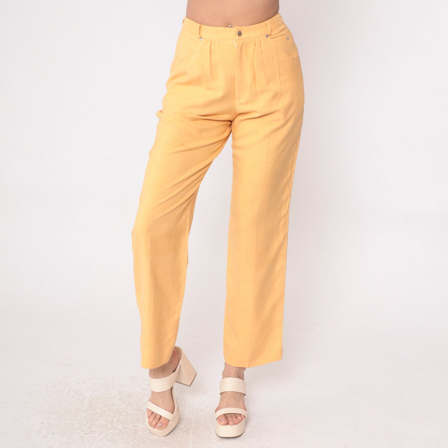 80s Carole Little Light Orange Silk Pleated High-Waist Trousers Small
