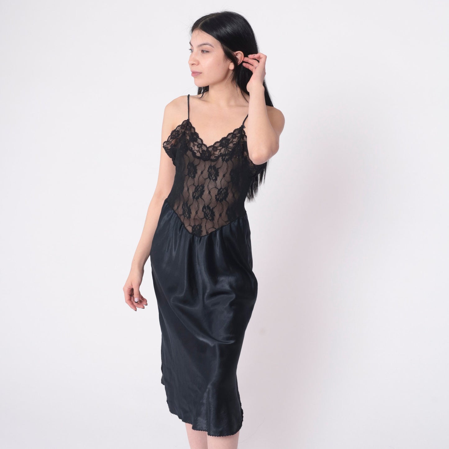 80s Black Sheer Lace Slip Dress Basque Waist V Back Midi Lingerie Medium