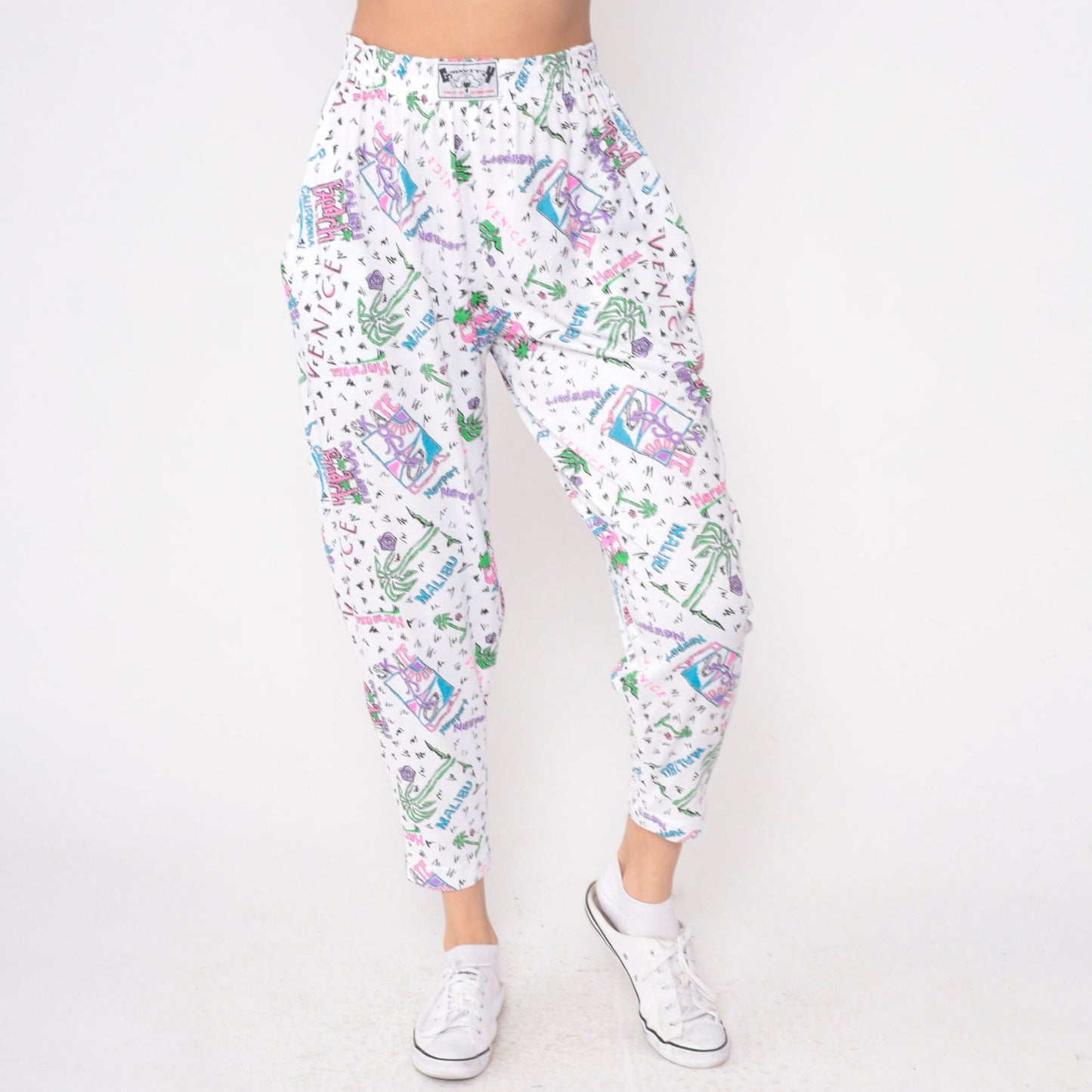 90s Gravity Los Angeles Beach Parachute Pants White Palm Tree Flamingo Small