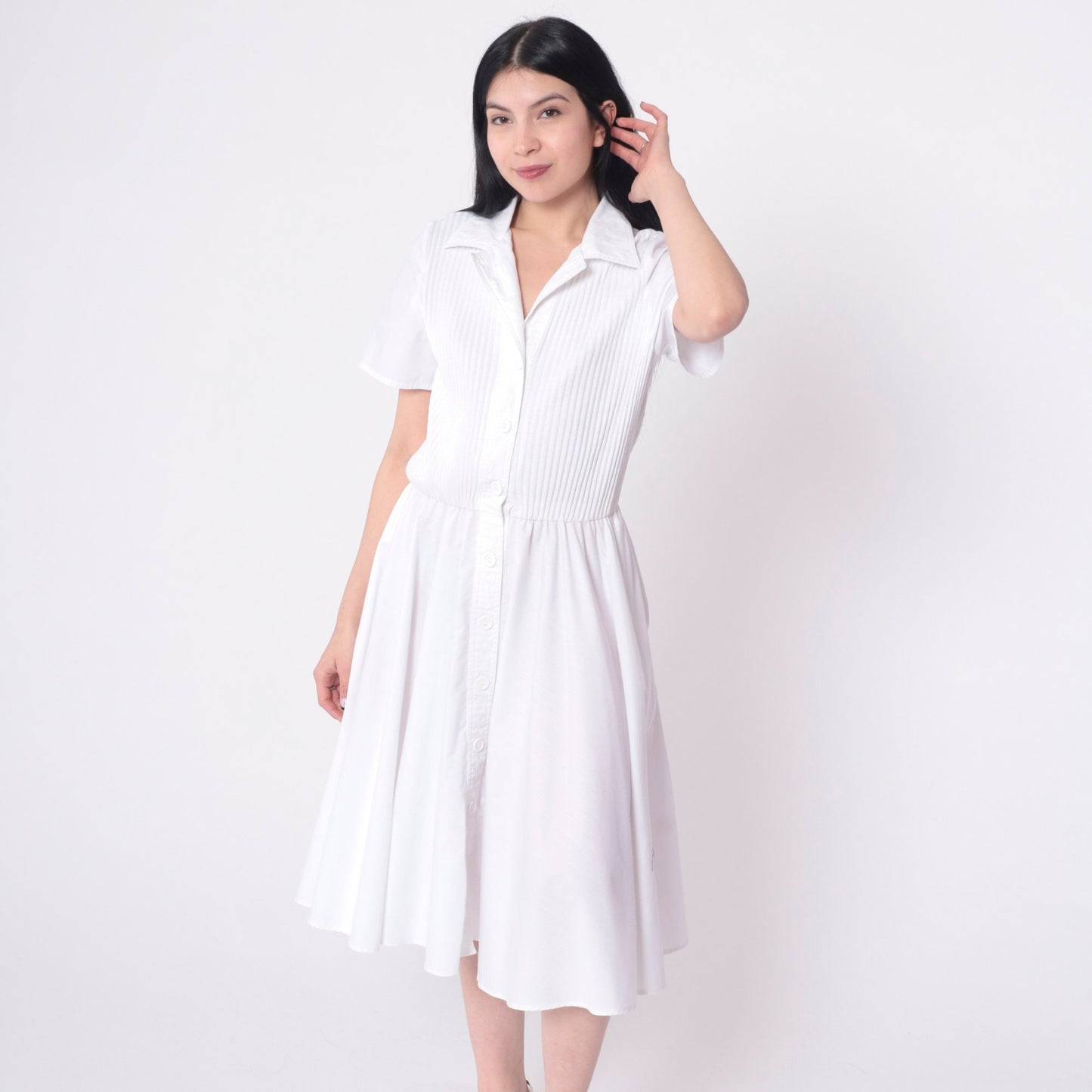 80s White Ribbed Knit Button-Up Shirtdress Elastic Waist Midi Small Medium