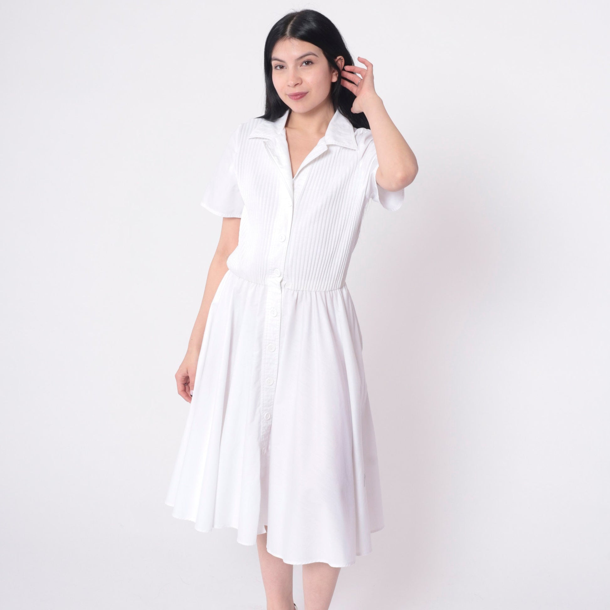 80s White Ribbed Knit Button-Up Shirtdress Elastic Waist Midi Small Medium