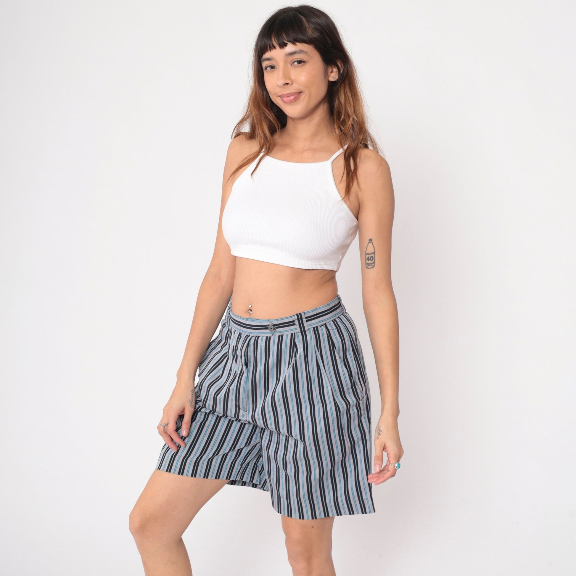 90s Head Sportswear Striped Shorts High Waist Pleated Blue White Black Medium