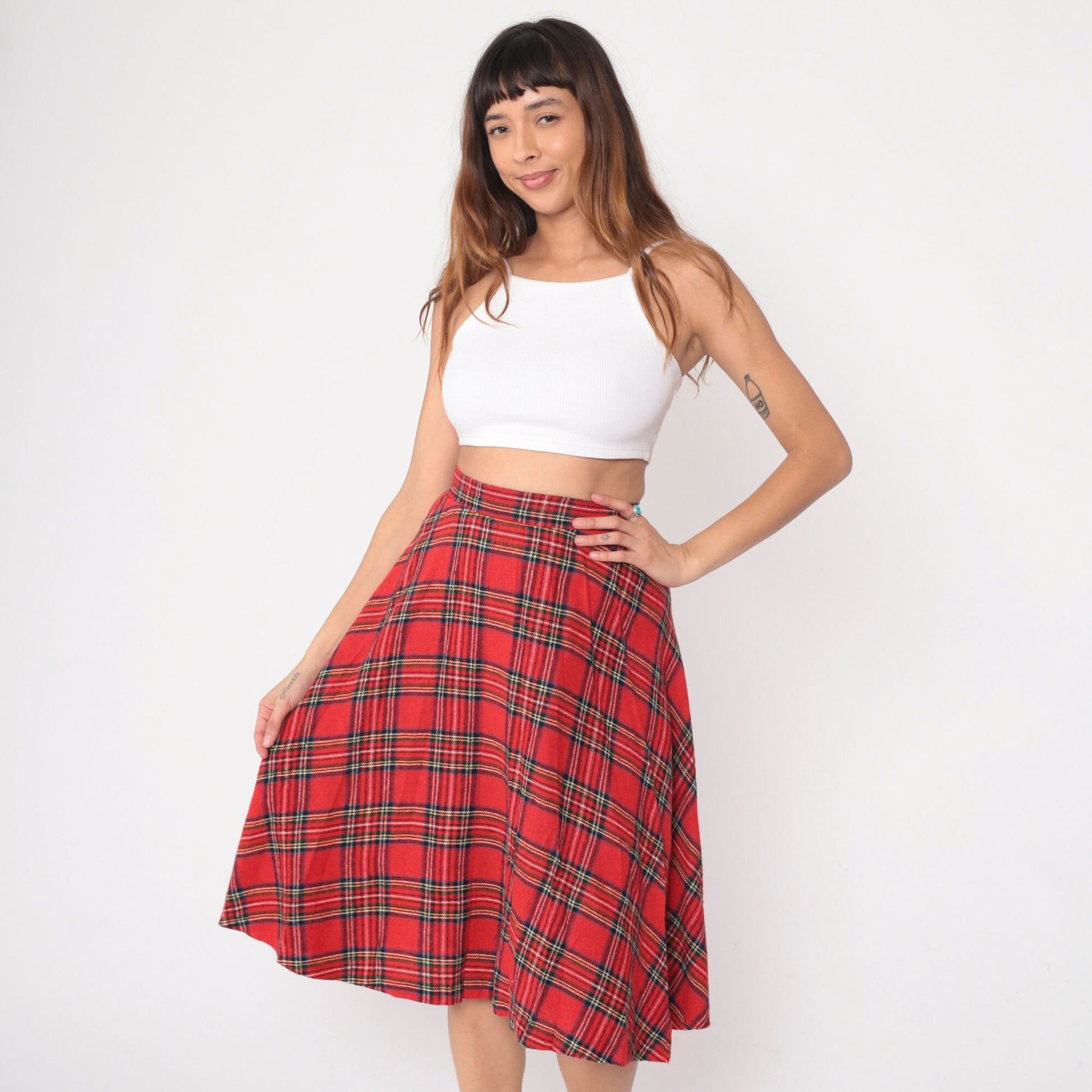 70s Red Plaid Midi Skirt High Waisted A-Line Tartan Small S