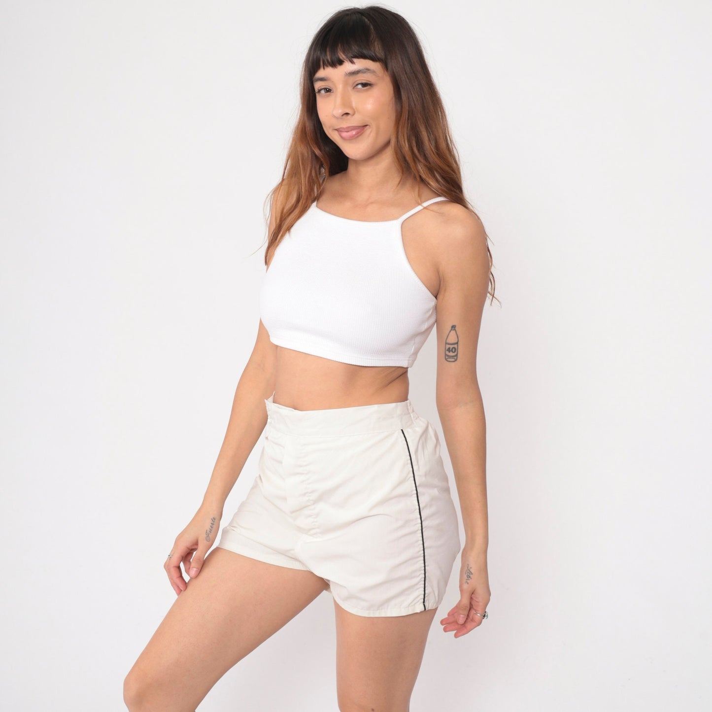 80s BVD Swim Shorts Ecru White High Waist Elastic Waistband Small