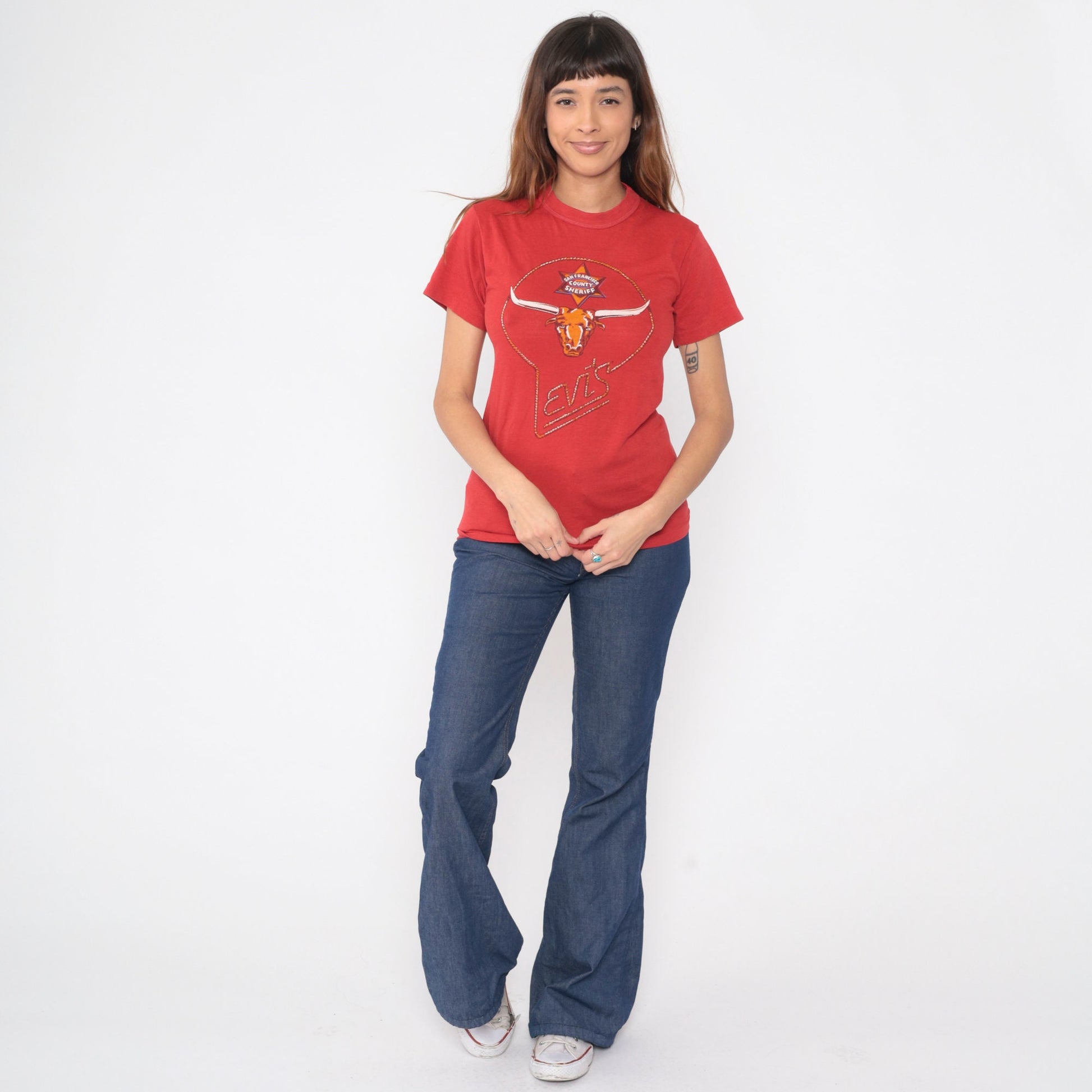 70s Levi's San Francisco County Sheriff Longhorn Graphic T-Shirt Red Extra Small
