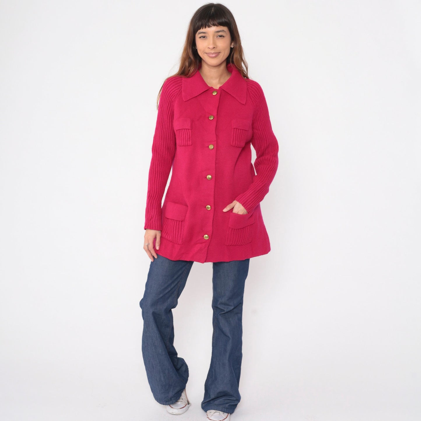 70s Fuchsia Cardigan Sweater Raglan Sleeve Ribbed Knit Gold Buttons Large L