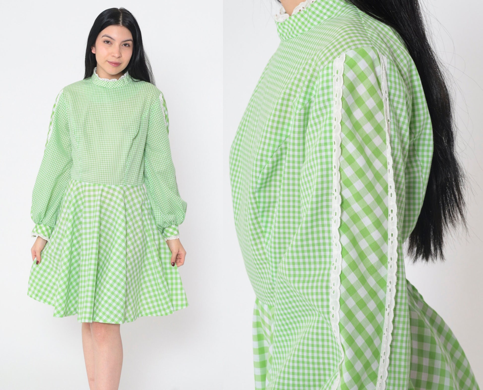 70s Green Gingham Mini Dress Mock Neck Balloon Sleeve Eyelet Lace Small