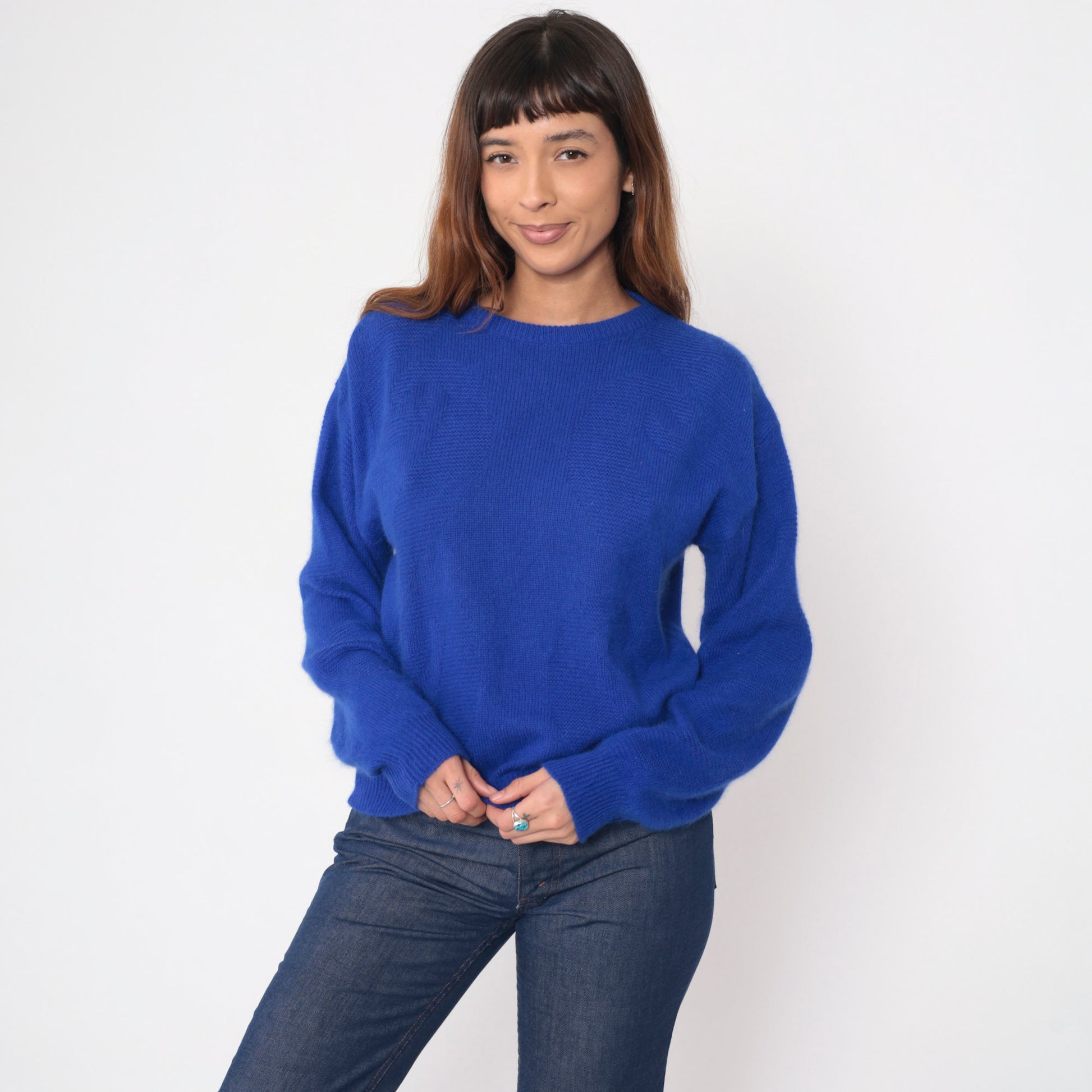 Pierre Cardin 90s Royal Blue Angora Wool Sweater Textured Crewneck Medium M