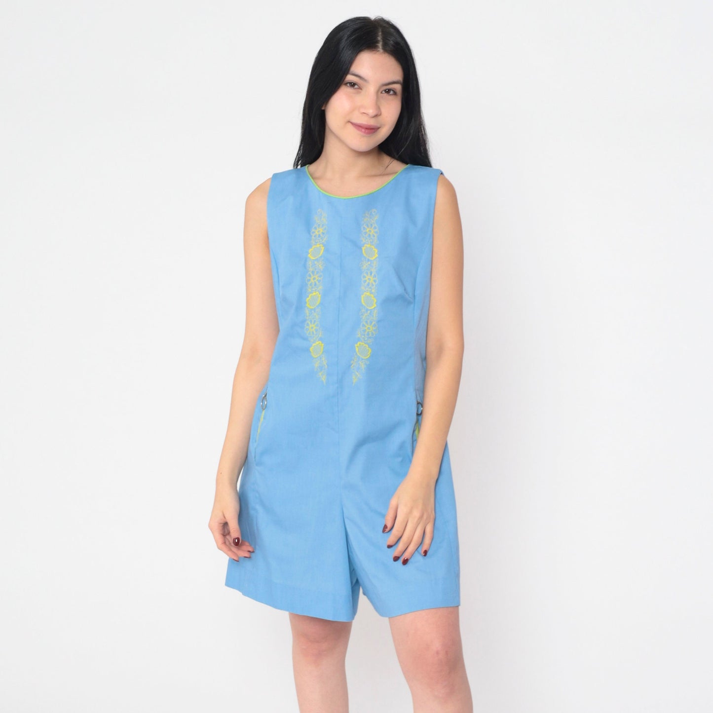 60s Mod Floral Embroidered Romper Blue Sleeveless Mini Cotton Small S