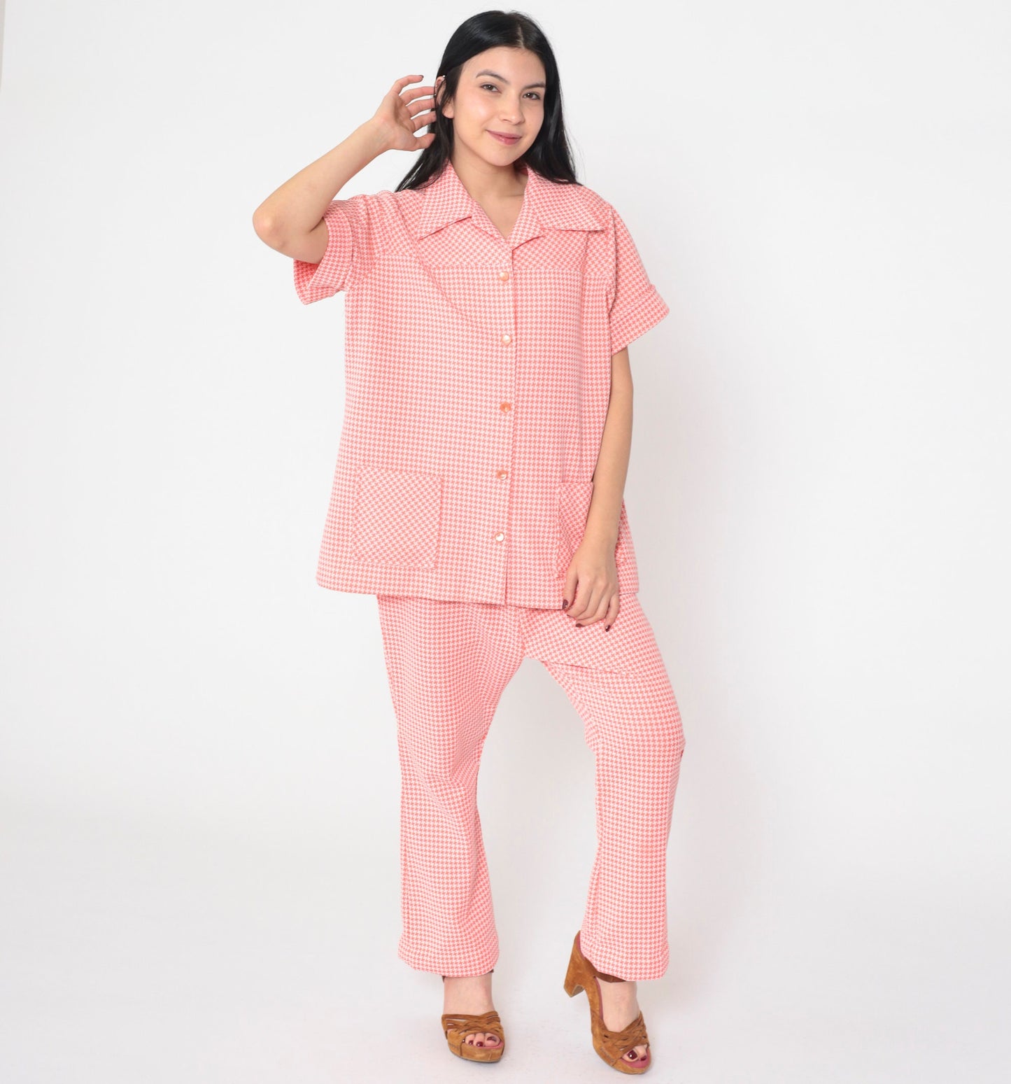70s Pink Checkered Two Piece Set Button-Up Blouse Elastic Pants Large L