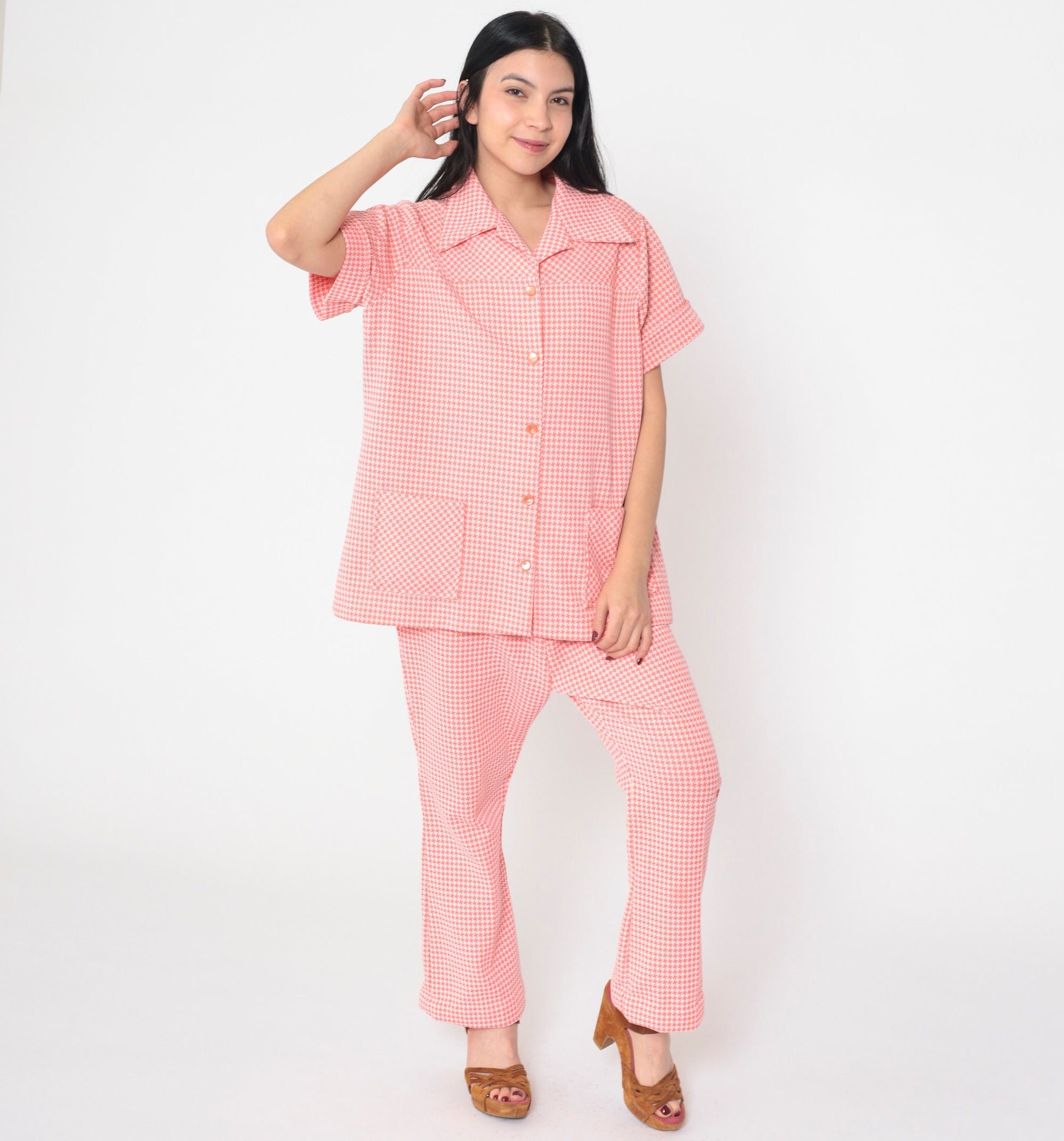 70s Pink Checkered Two Piece Set Button-Up Blouse Elastic Pants Large L