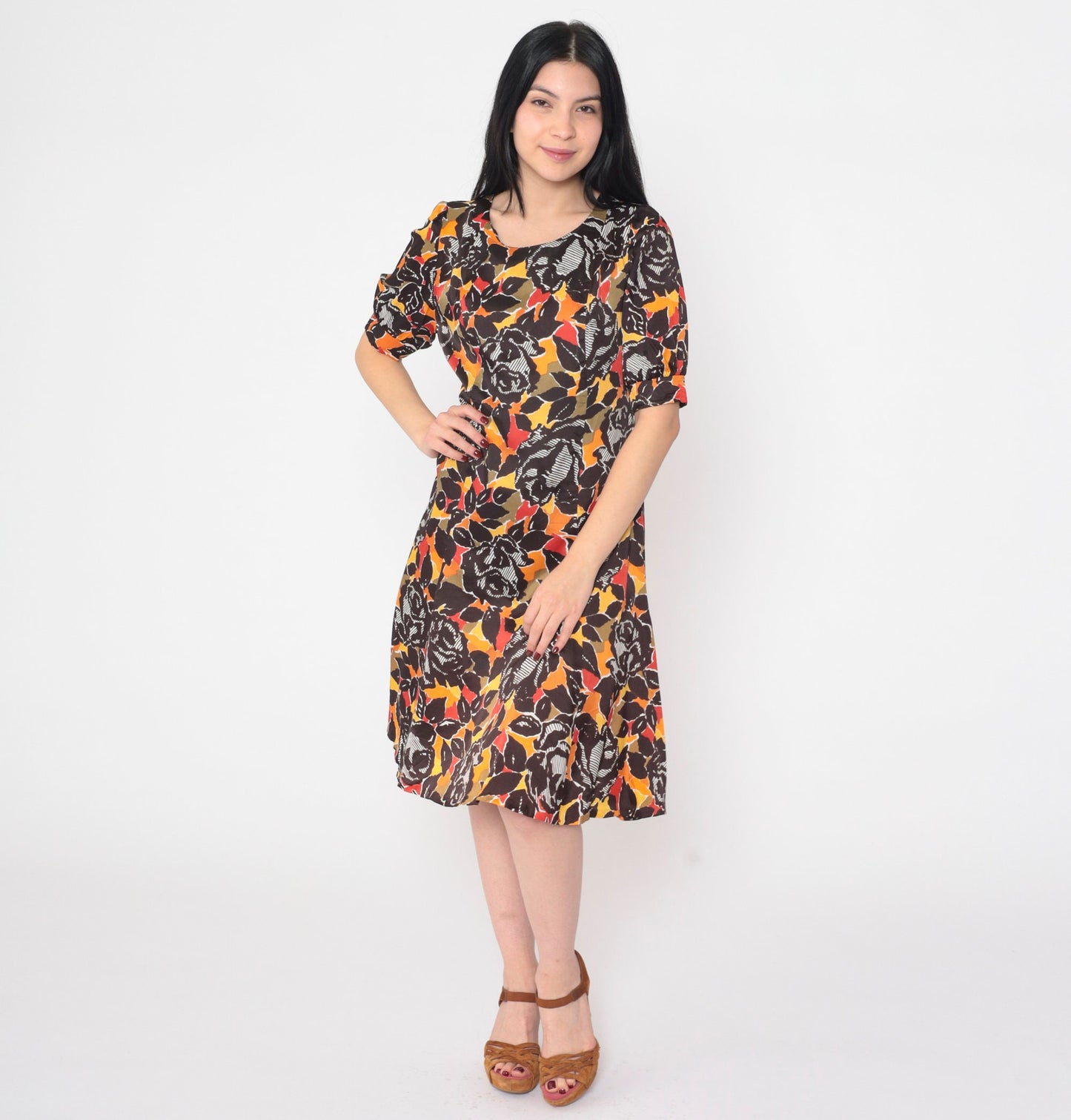 70s Rose Floral Print Mini Dress Puff Sleeve Shift Small