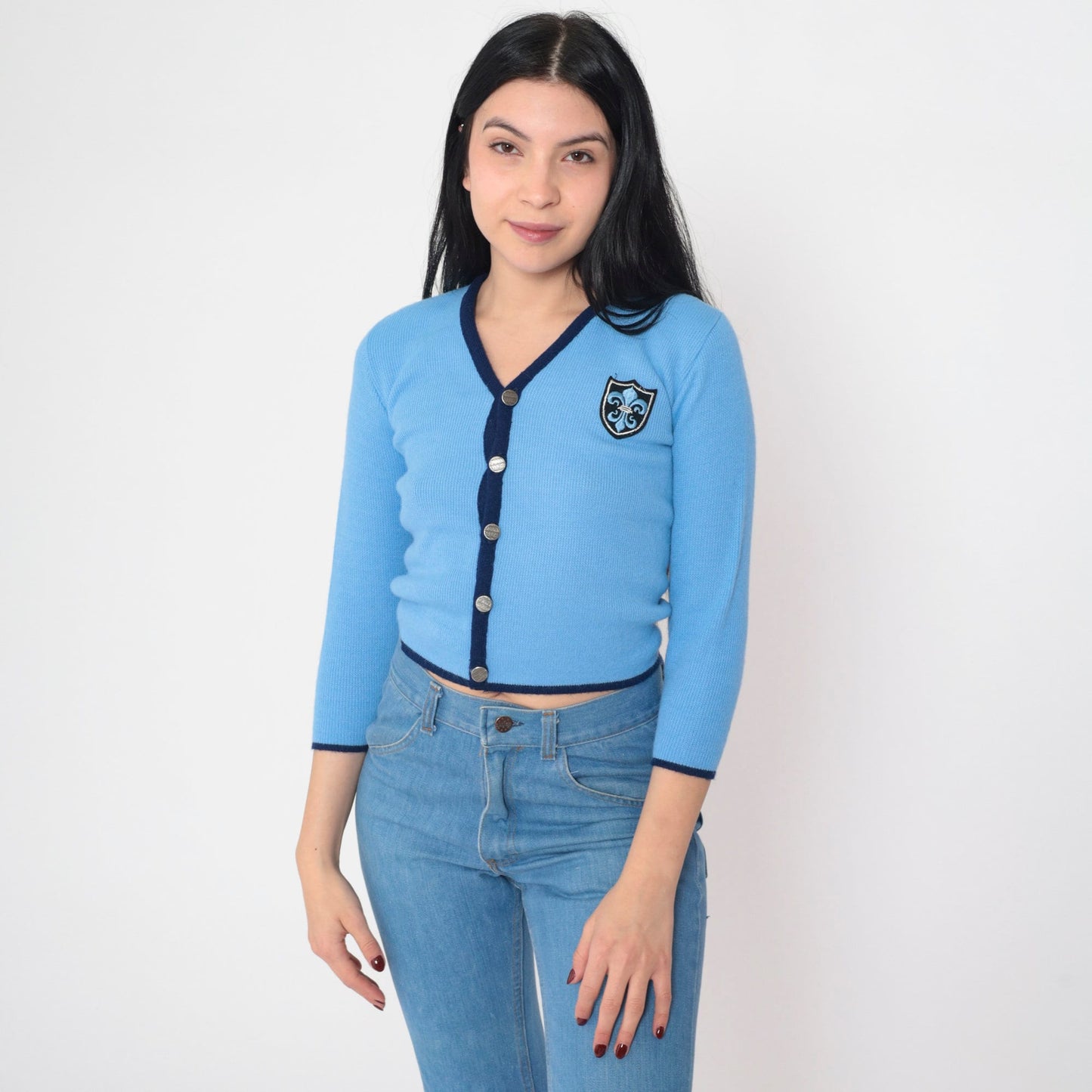 70s Blue Cropped Cardigan Fleur De Lis Patch Ribbed Knit XXS