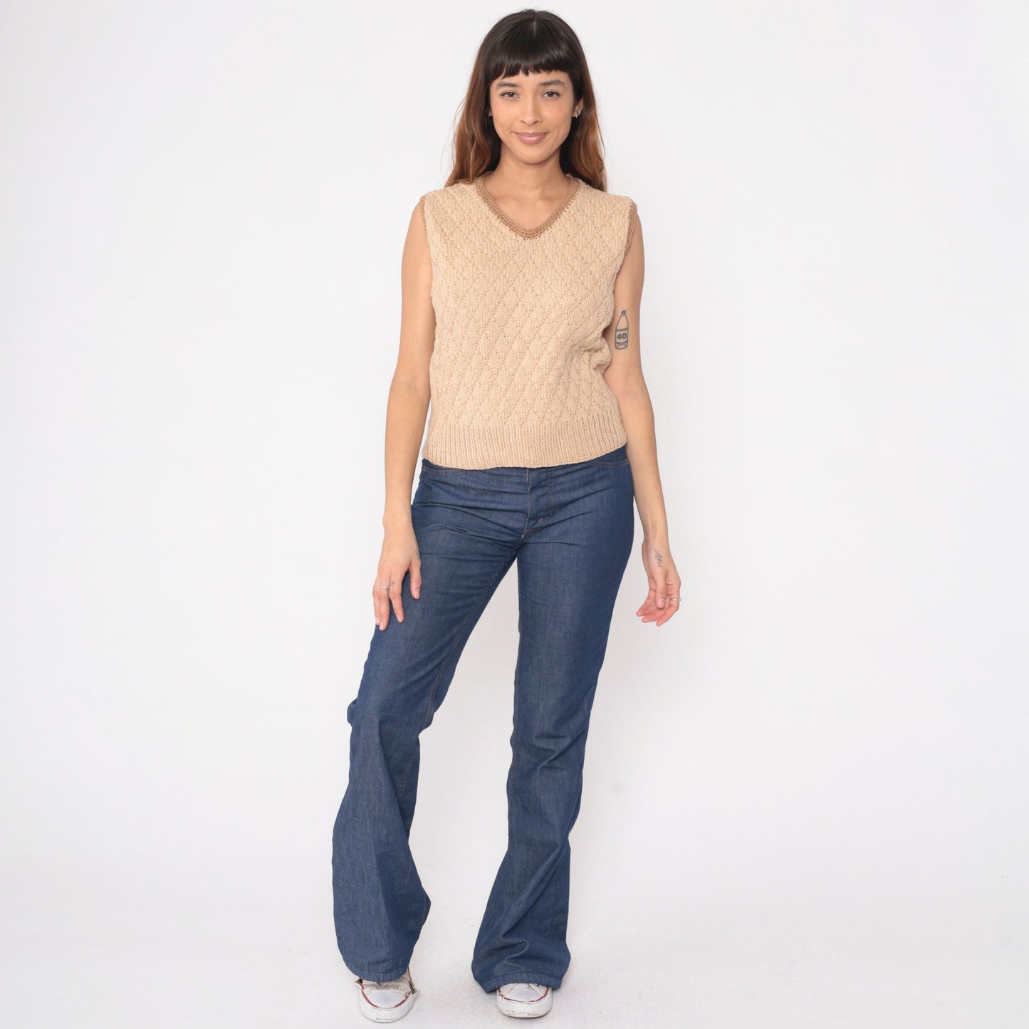 70s Tan Diamond Knit Sweater Vest V Neck Brown Trim Small