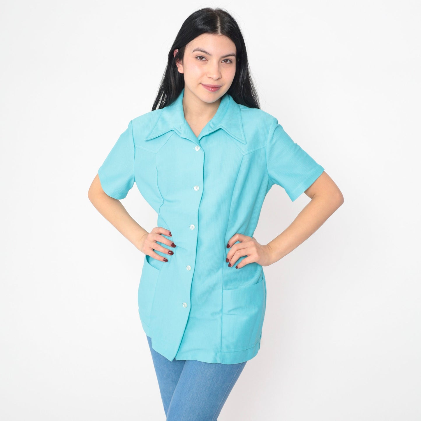 70s Blue Dagger Collar Button-Up Shirt Short Sleeve Longline Tunic Medium