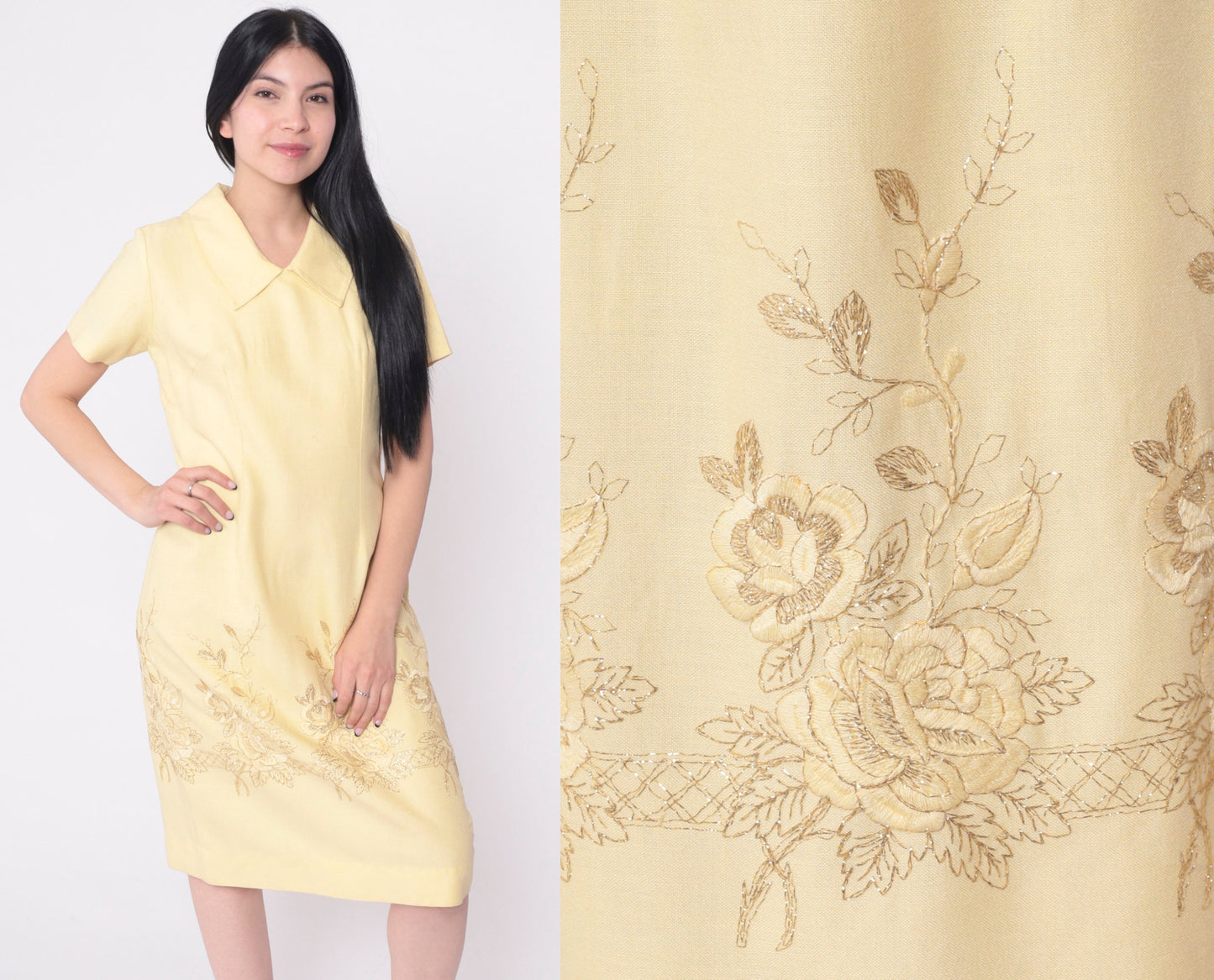 60s Mod Shift Dress Pale Yellow Metallic Gold Floral Embroidery Medium