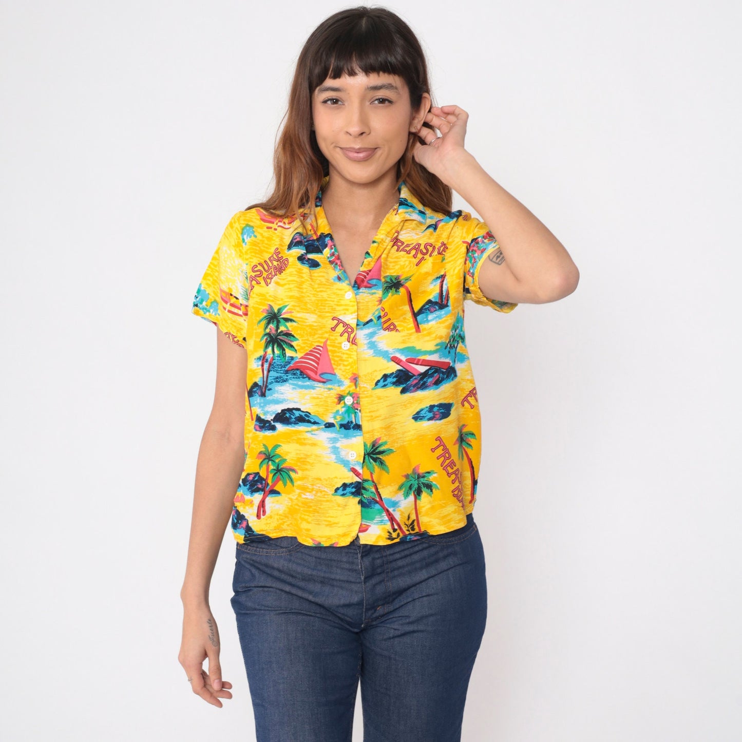 90s Sultra Tropical Shirt Yellow Palm Tree Sailboat Print Button Up Small