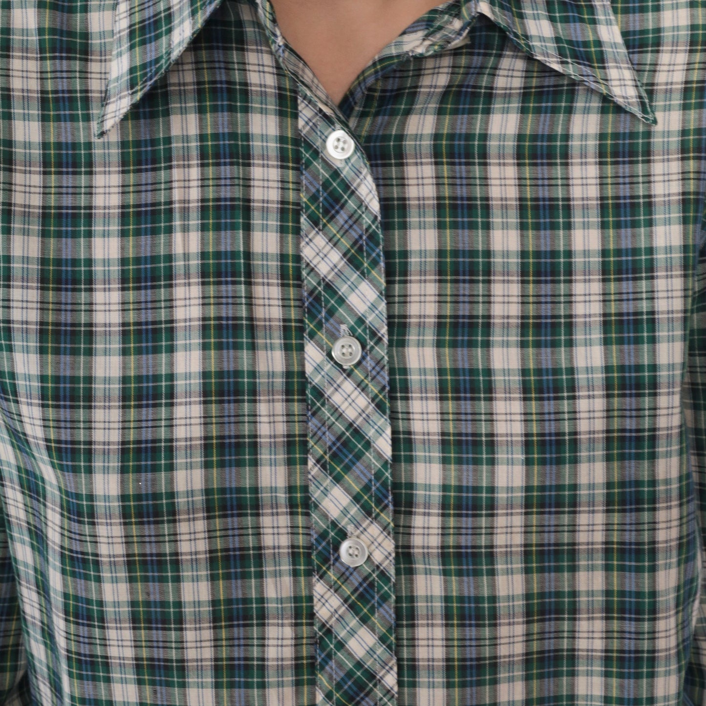 80s Plaid Button-Up Shirt Blue Green White Checkered Long Sleeve Small