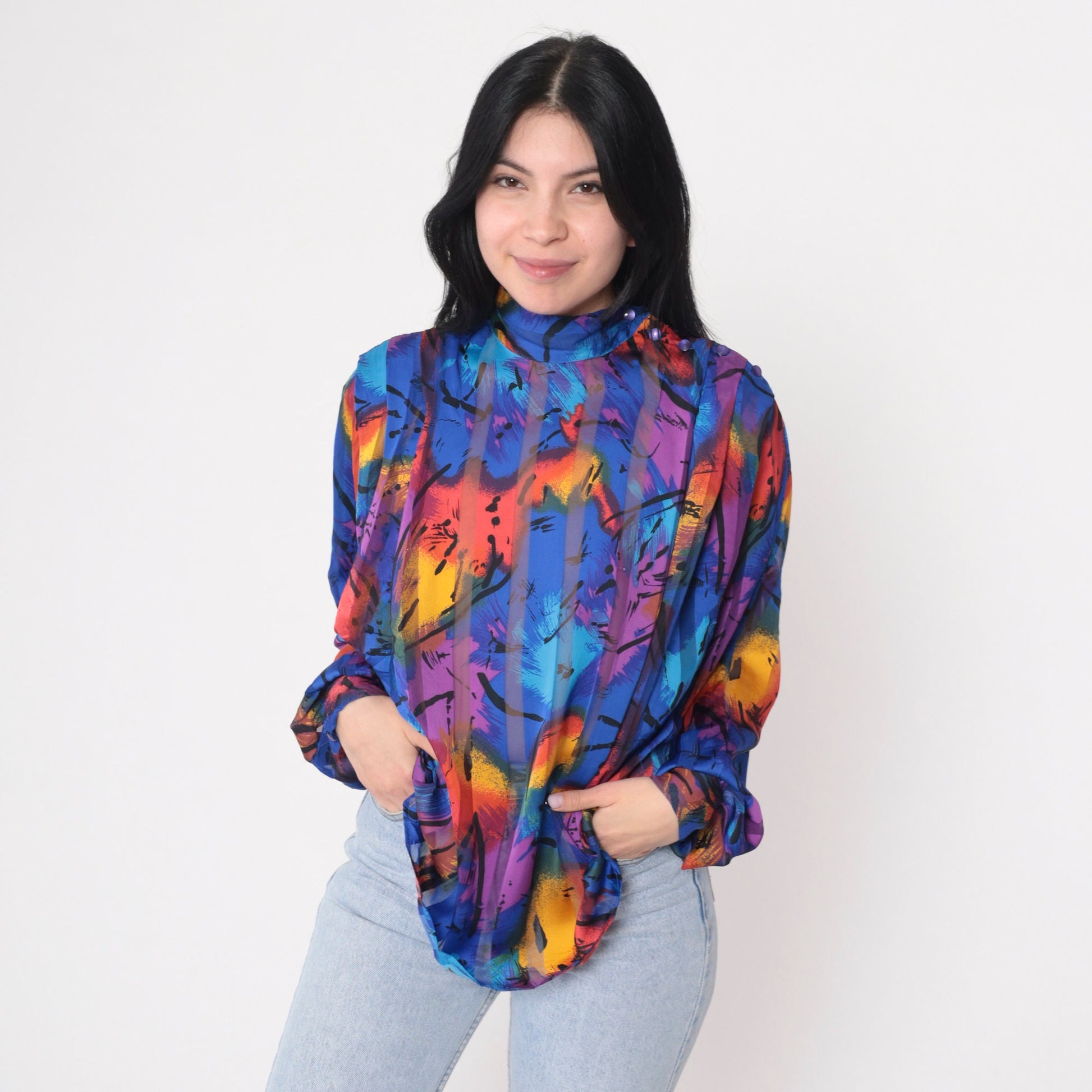 80s Abstract Print Mock Neck Blouse Button Shoulder Long Sleeve Small
