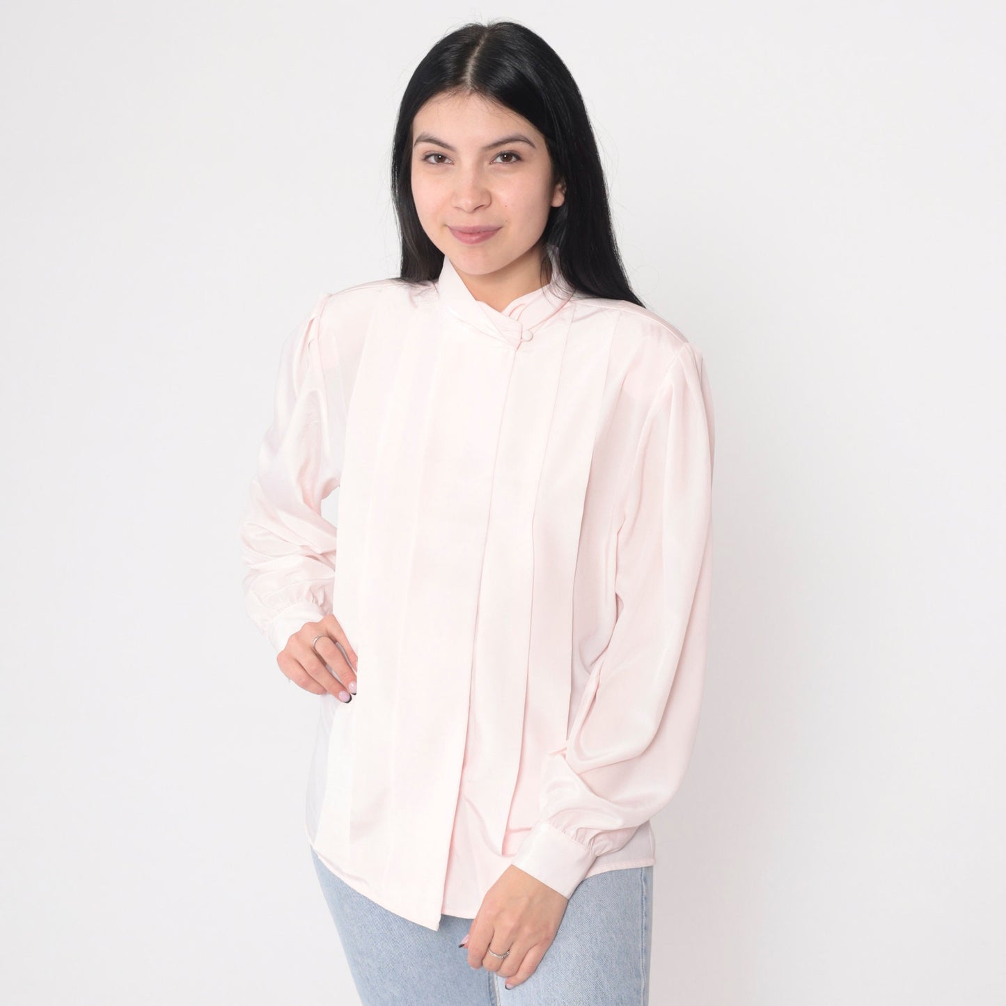 80s Baby Pink Pleated Blouse Puff Sleeve Button-Up Small