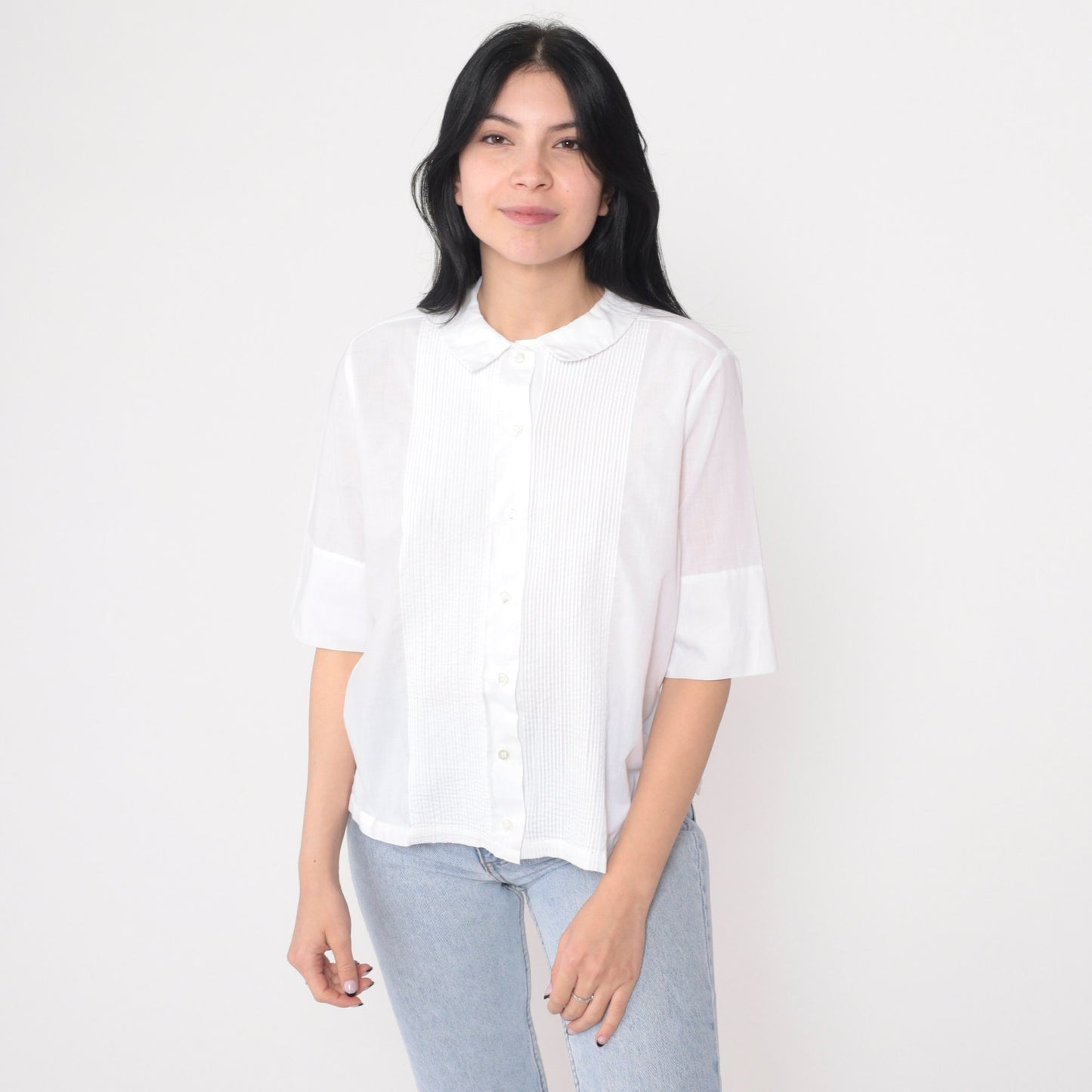 80s Ship n Shore White Button Up Blouse Peter Pan Collar Half Sleeve XS