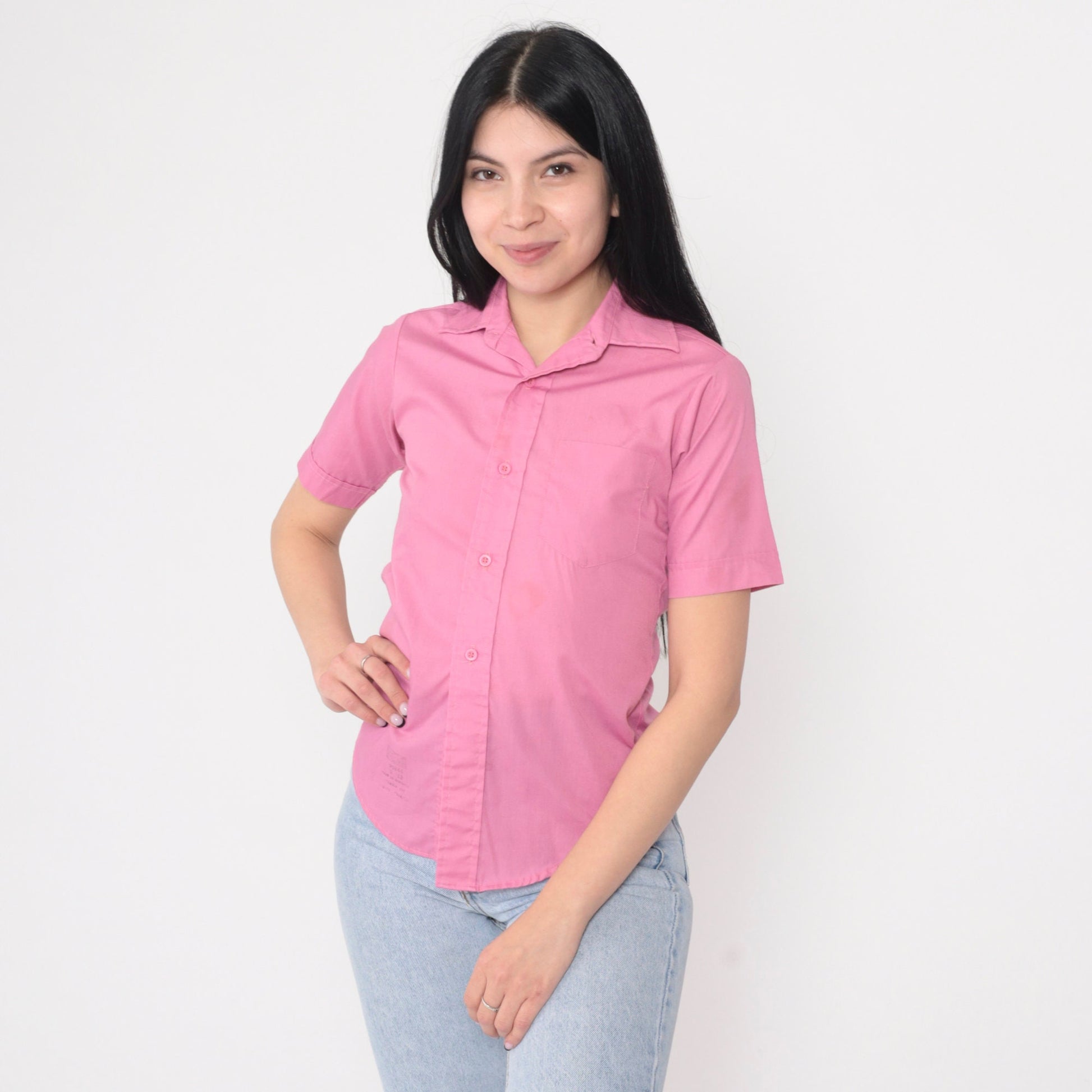 70s Pink Button-Up Shirt Short Sleeve Collared Chest Pocket Extra Small