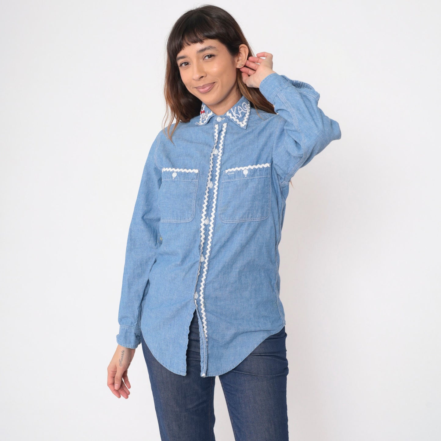 70s Big Mac Chambray Shirt Cat Kite Patch Button Up Blue Small