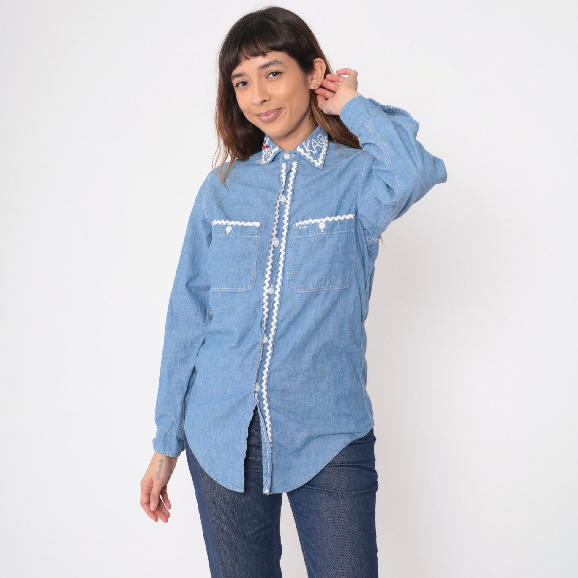 70s Big Mac Chambray Shirt Cat Kite Patch Button Up Blue Small