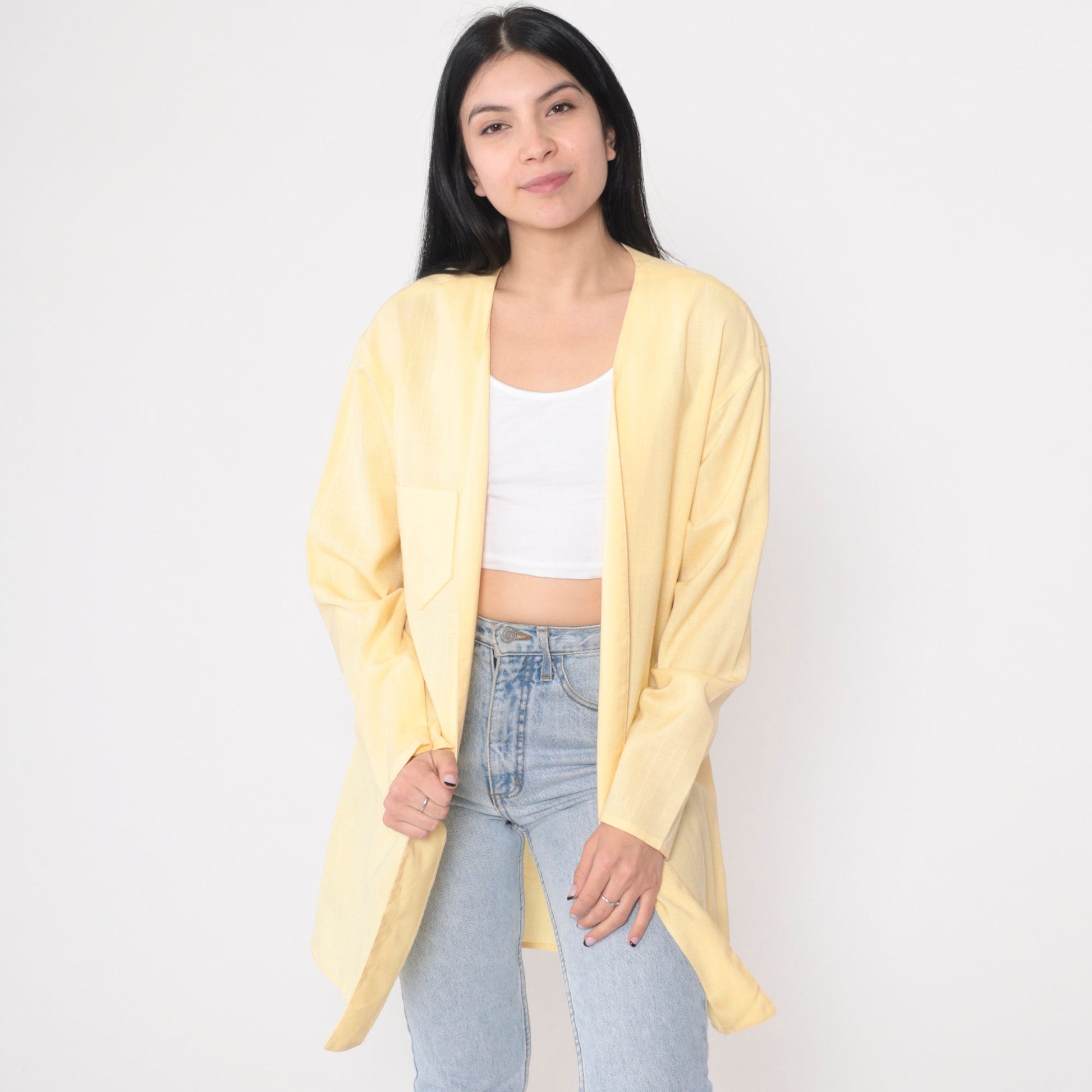 90s Pastel Yellow Longline Cardigan Jacket Open Front Medium Large