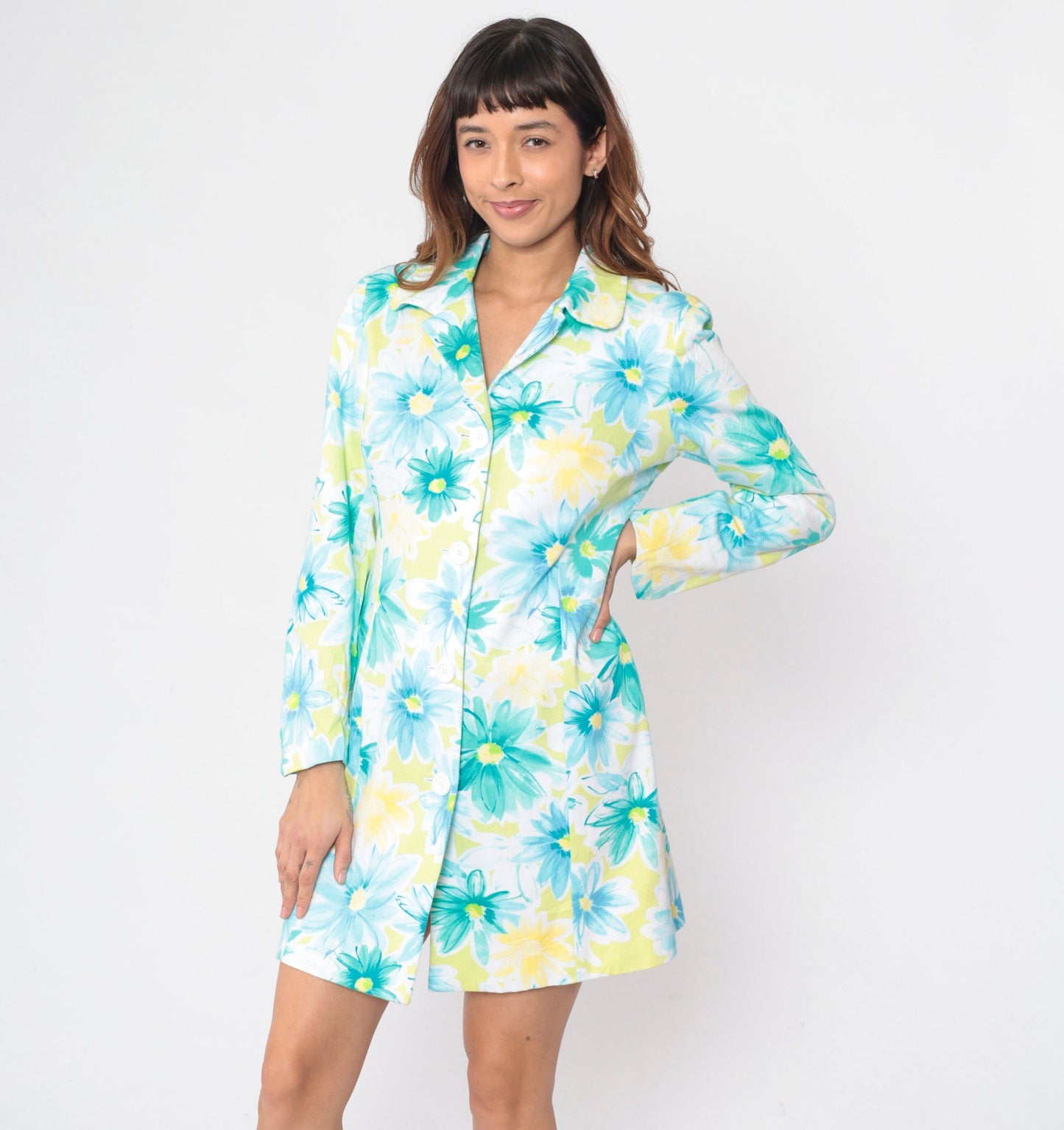 90s Lime Green Floral Mini Shirtdress Long Sleeve Button Up Cotton Medium 8