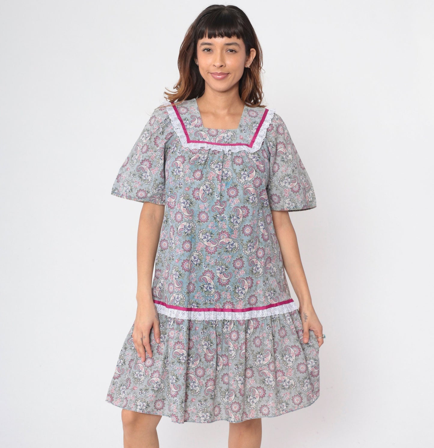80s Paisley Floral Midi Dress Lace Yoke Tent Cut Ruffled Hem Cotton Small