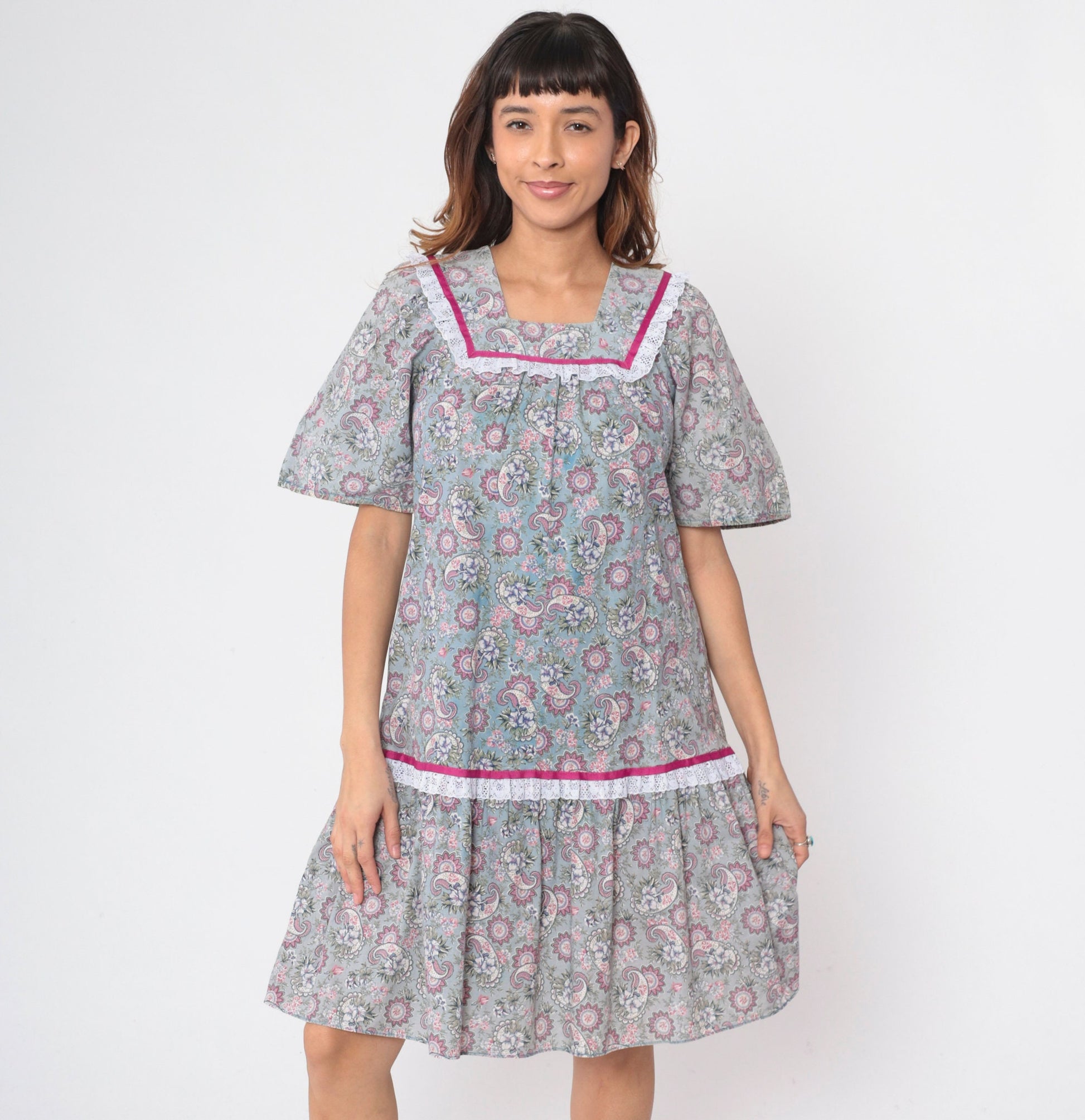 80s Paisley Floral Midi Dress Lace Yoke Tent Cut Ruffled Hem Cotton Small