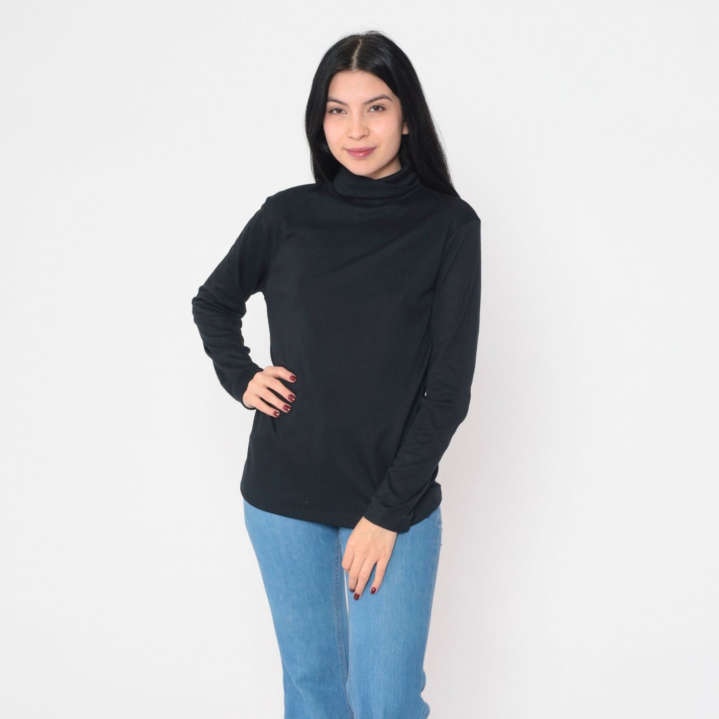 70s Black Turtleneck Long Sleeve Shirt Funnel Neck Layering Top Large L