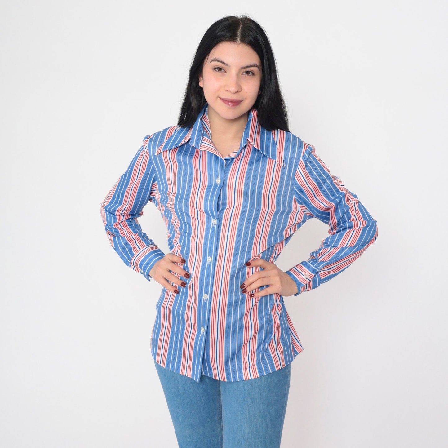 70s Red White Blue Striped Button-Up Blouse Long Sleeve Collared Shirt Medium