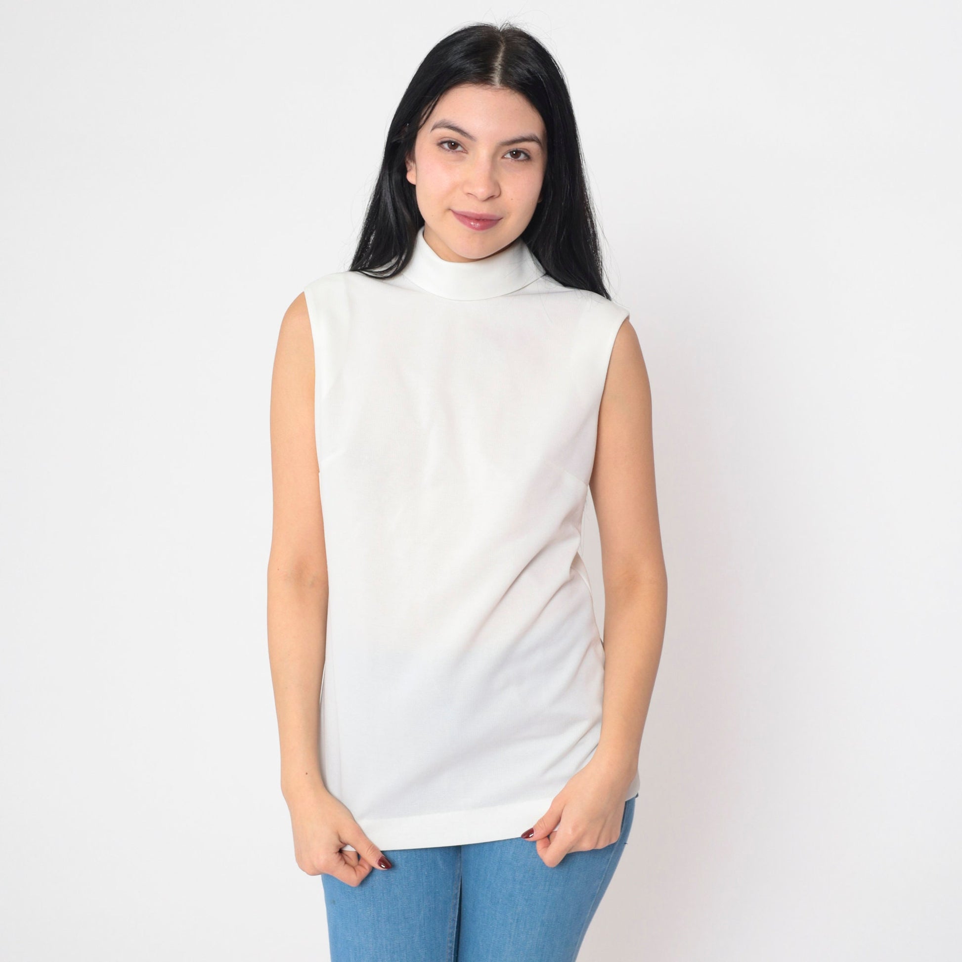 70s White Mock Neck Tank Top Semi-Sheer Sleeveless Blouse Small